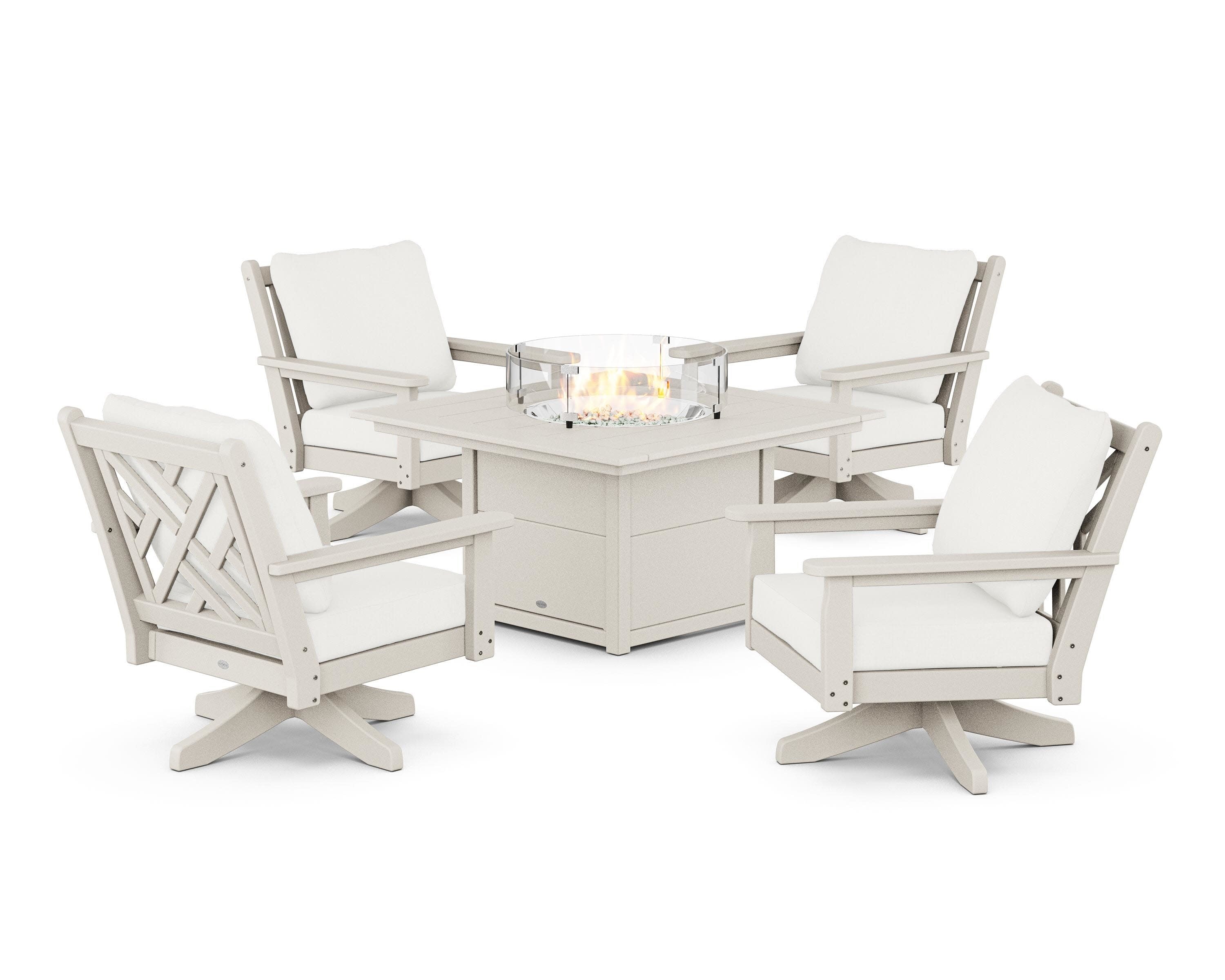 Chippendale 5-Piece Deep Seating Swivel Conversation Set with Fire Pit Table in Sand / Natural Linen