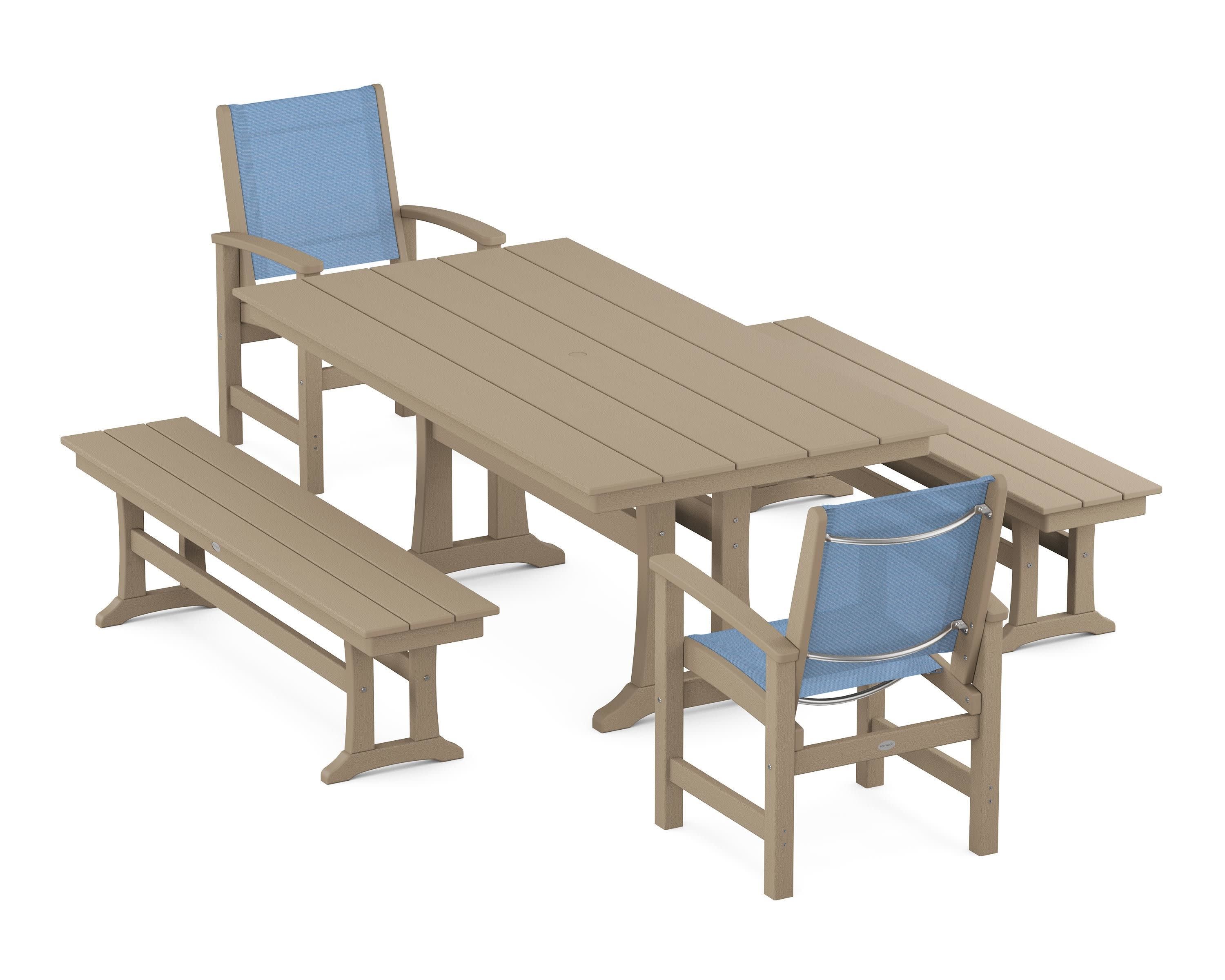 Coastal 5-Piece Farmhouse Dining Set with Trestle Legs and Benches in Vintage Sahara / Poolside Sling