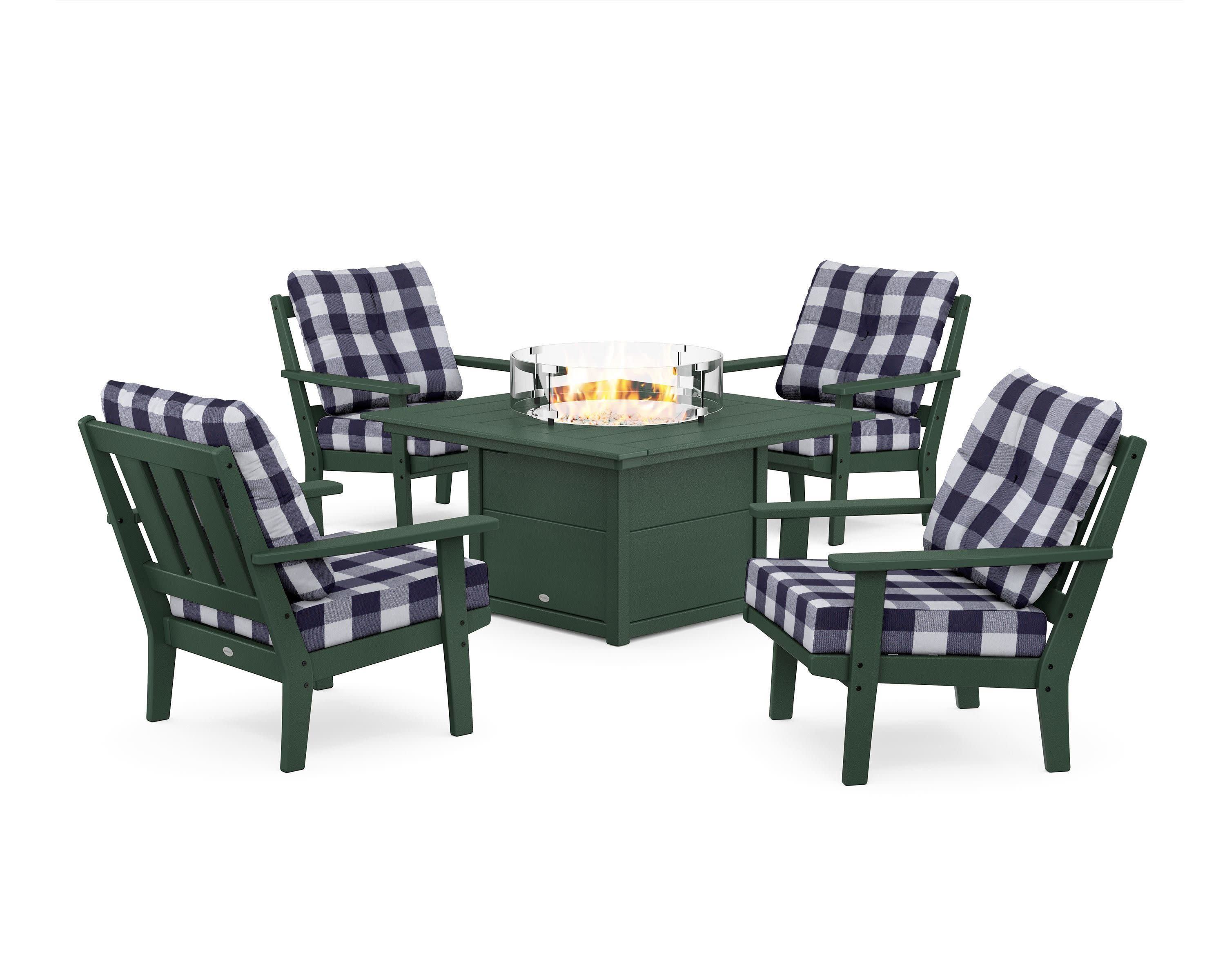 Oxford 5-Piece Deep Seating Set with Fire Pit Table in Green / Buffalo Plaid Navy