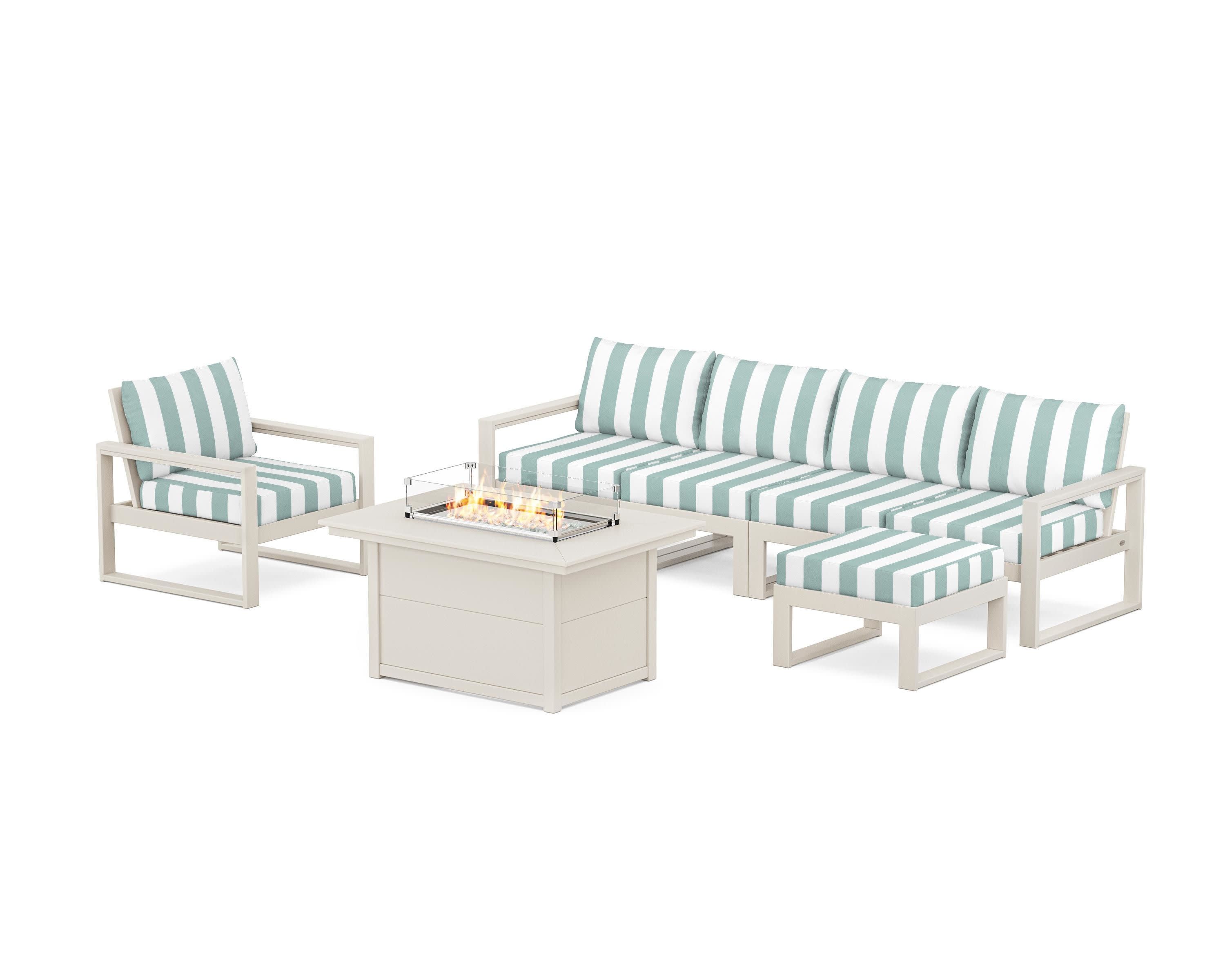 EDGE Sectional Lounge and Fire Pit Set in Sand / Cabana Stripe Glacier Spa