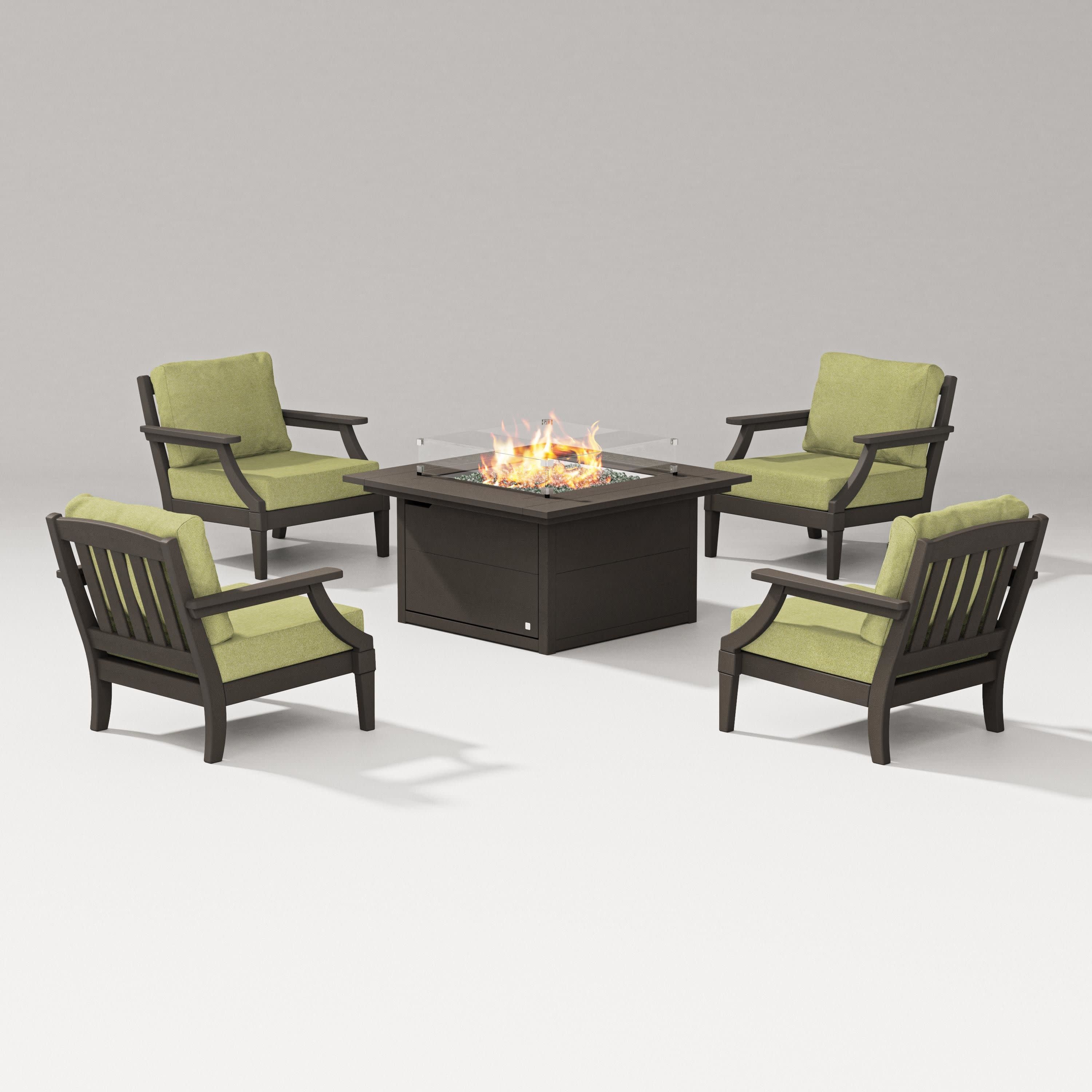 Estate 5-Piece Lounge Fire Table Set in Vintage Coffee / Chartreuse Boucle