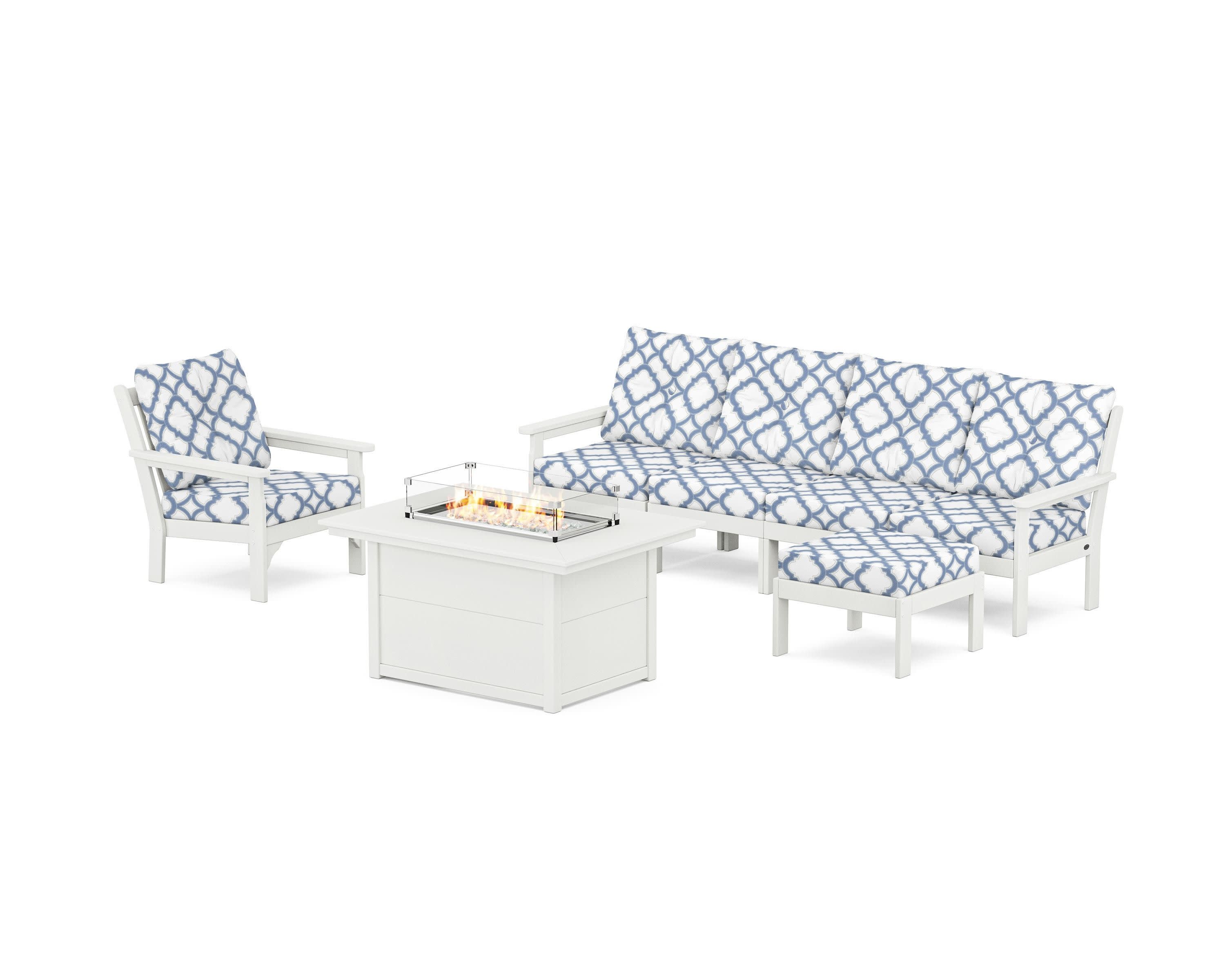 Vineyard Sectional Lounge and Fire Pit Set in Vintage White / Trellis Sky Blue
