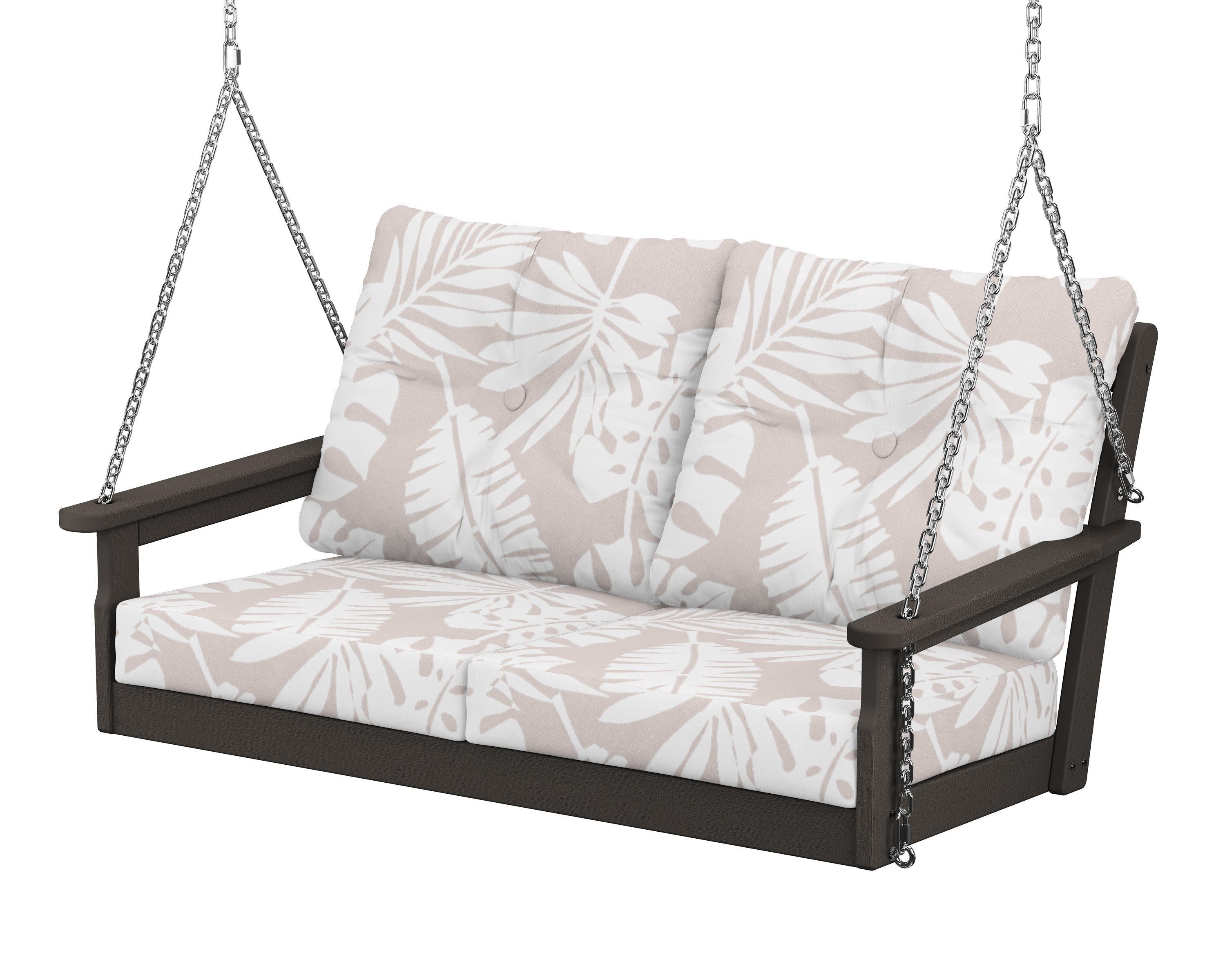 Vineyard Deep Seating Swing in Vintage Coffee / Leaf Dune Burlap