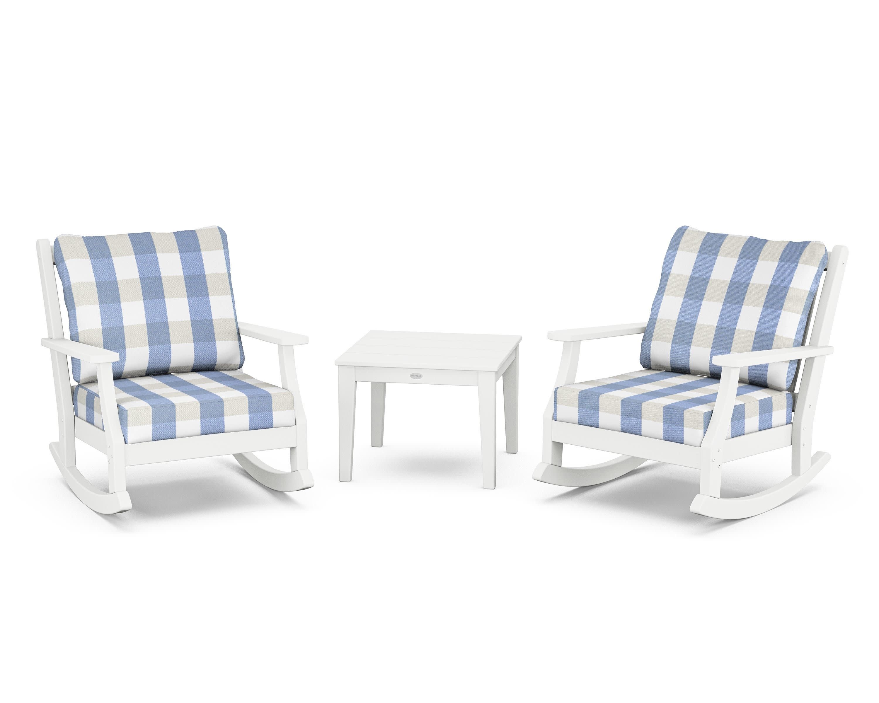 Wovendale 3-Piece Deep Seating Rocker Set in White / Buffalo Plaid Sky Blue