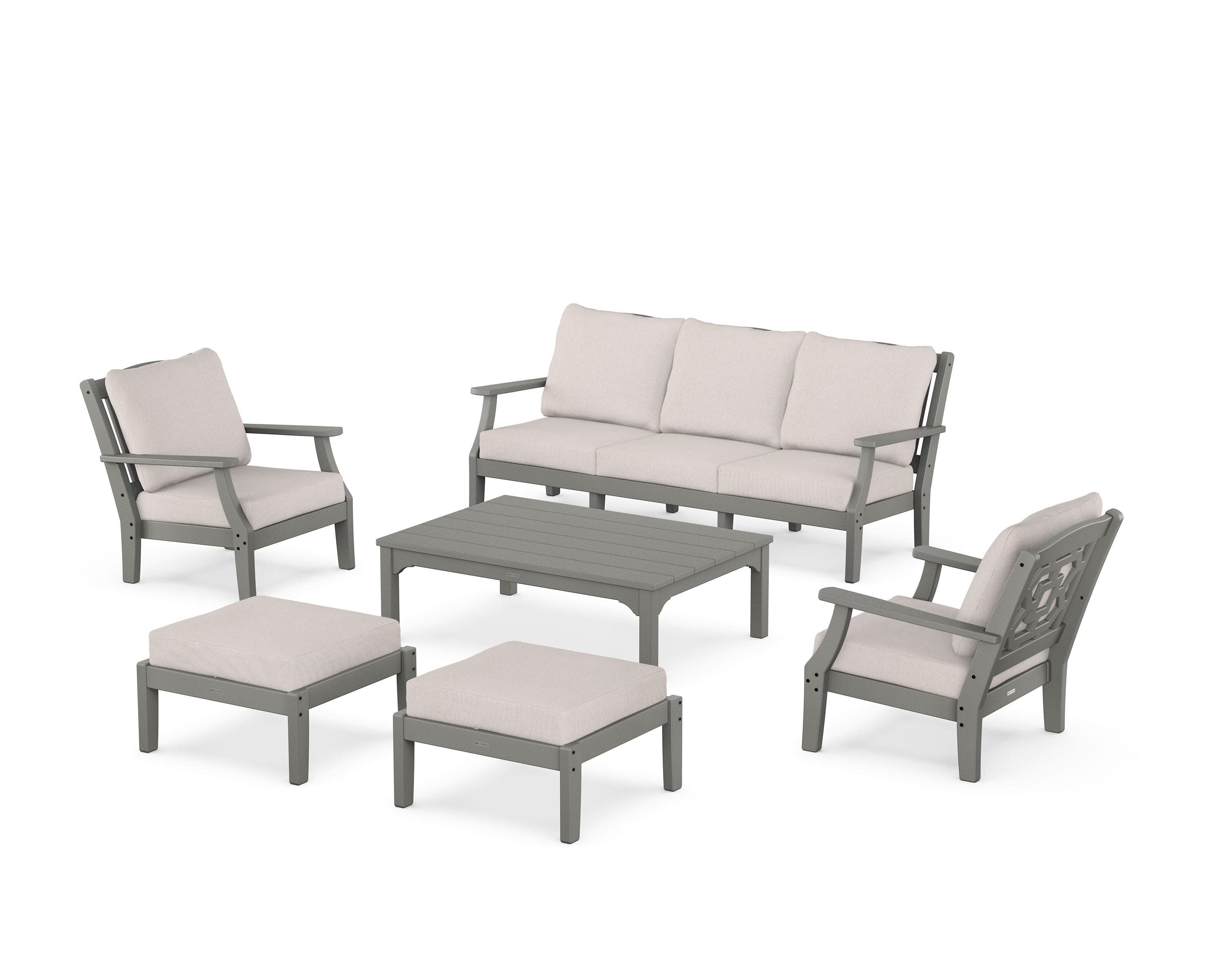 Chinoiserie 6-Piece Lounge Sofa Set in Slate Grey / Dune Burlap