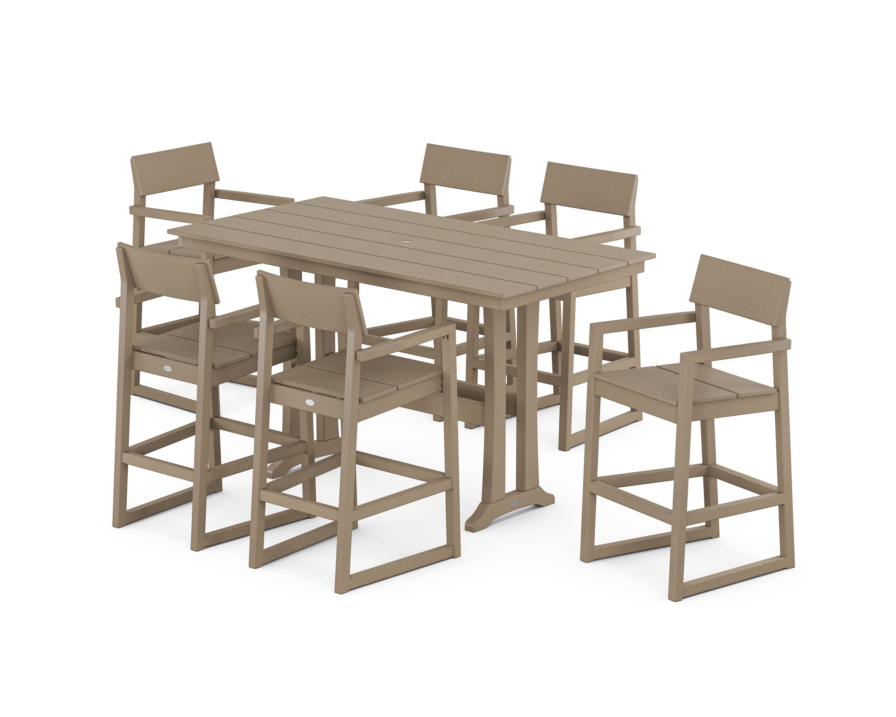 EDGE Arm Chair 7-Piece Farmhouse Bar Set with Trestle Legs in Vintage Sahara