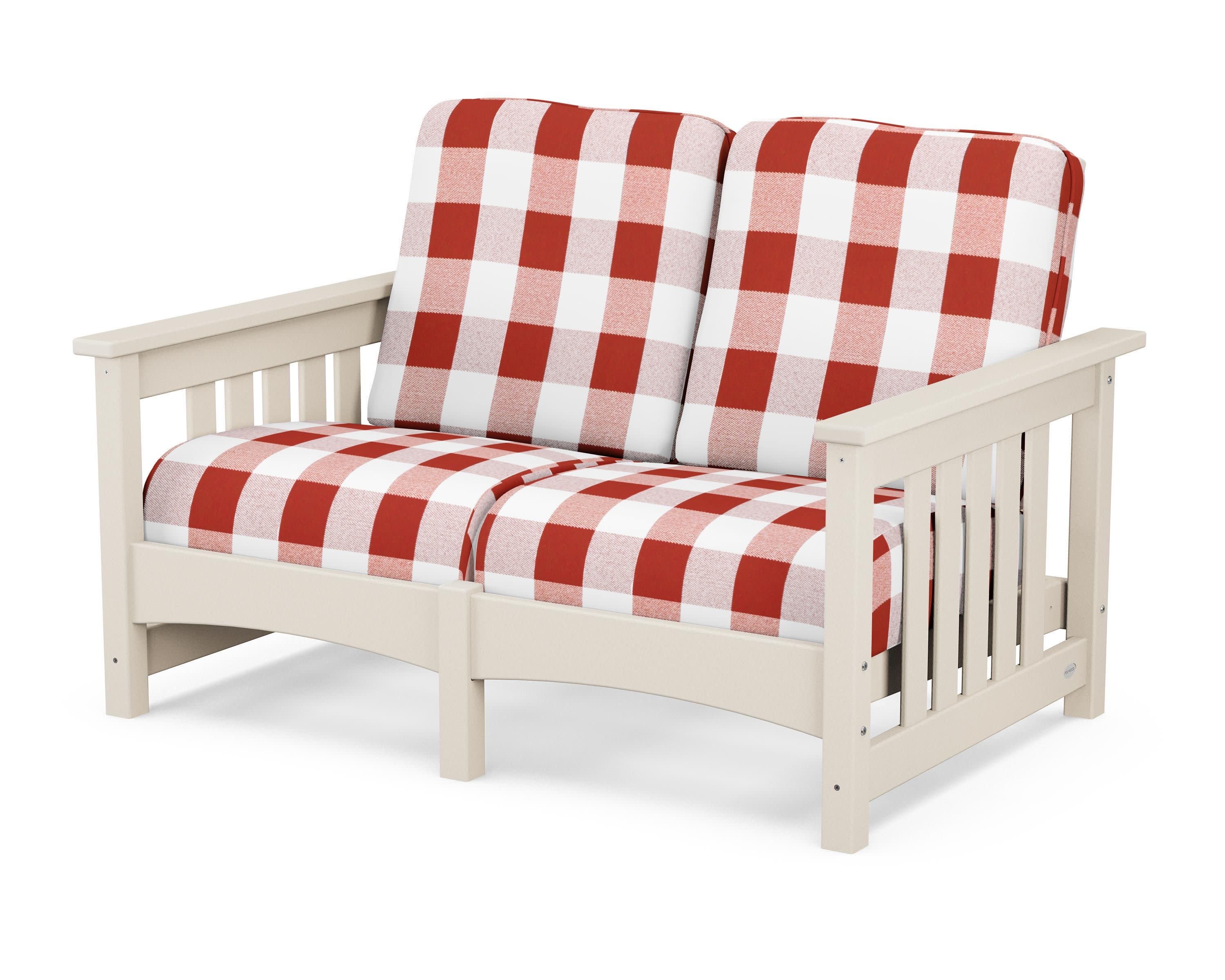 Club Mission Loveseat in Sand / Buffalo Plaid Crimson