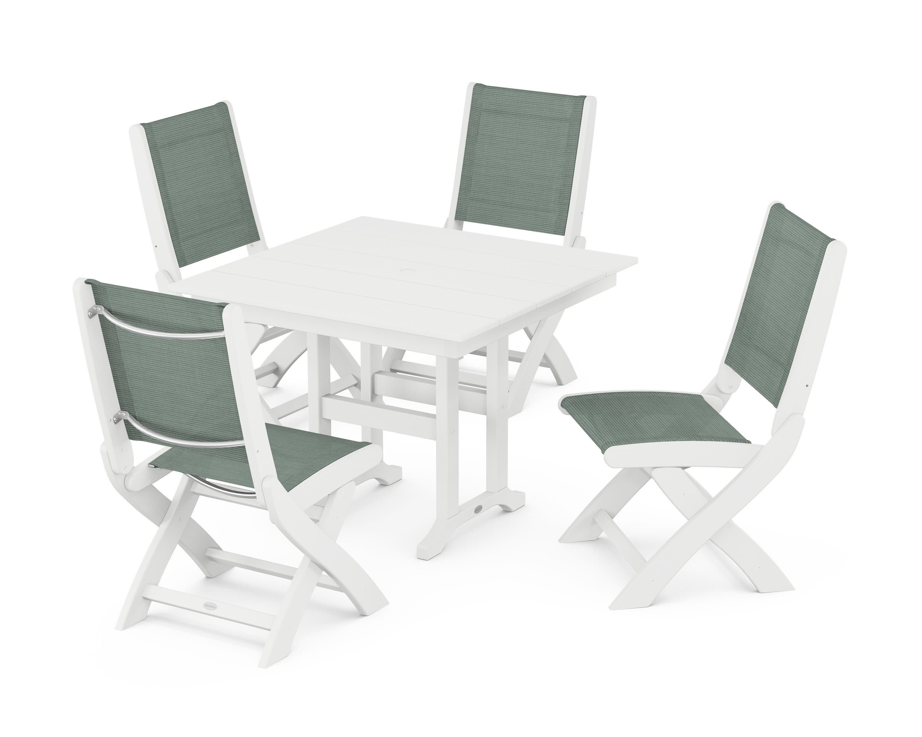 Coastal Folding Side Chair 5-Piece Farmhouse Dining Set in White / Dupioni Sea Mist Sling