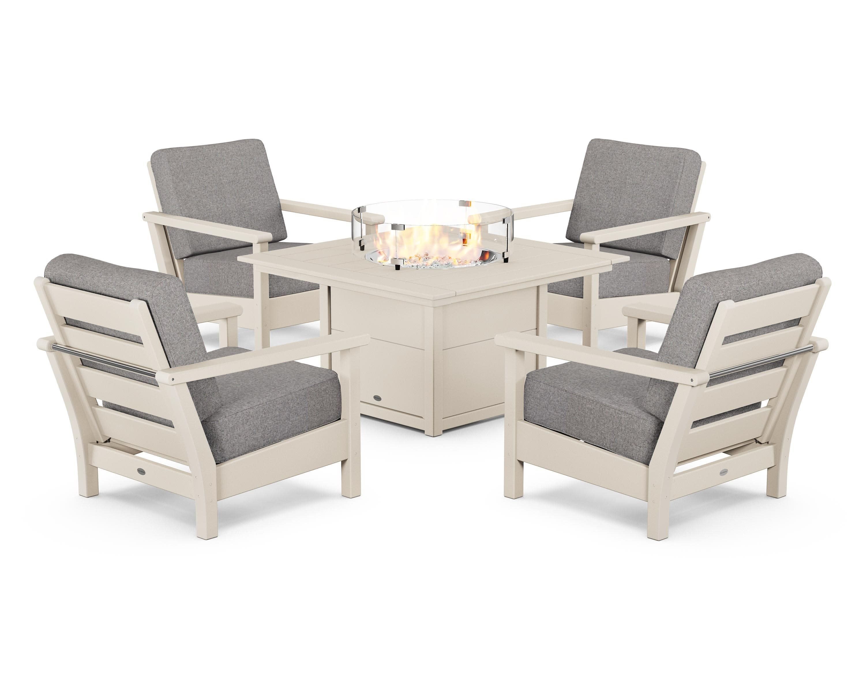 Harbour 5-Piece Conversation Set with Fire Pit Table in Sand / Grey Mist