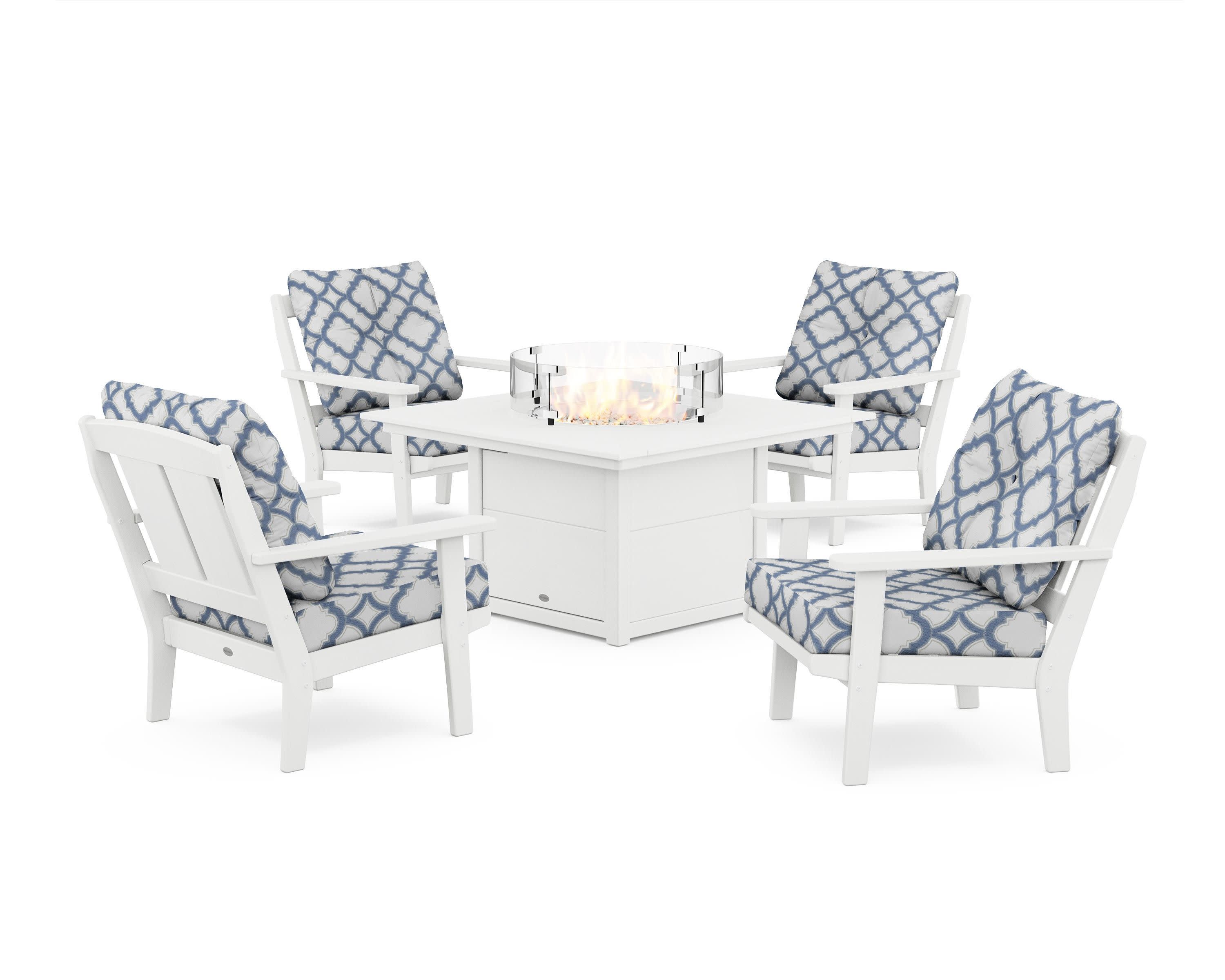 Mission 5-Piece Deep Seating Set with Fire Pit Table in White / Trellis Sky Blue