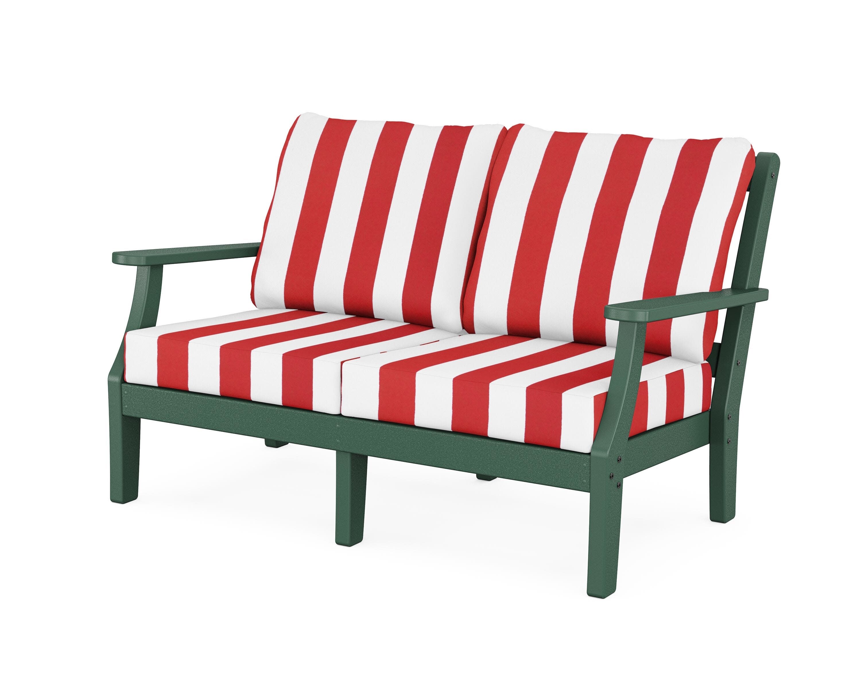 Chinoiserie Deep Seating Loveseat in Green / Cabana Stripe Crimson