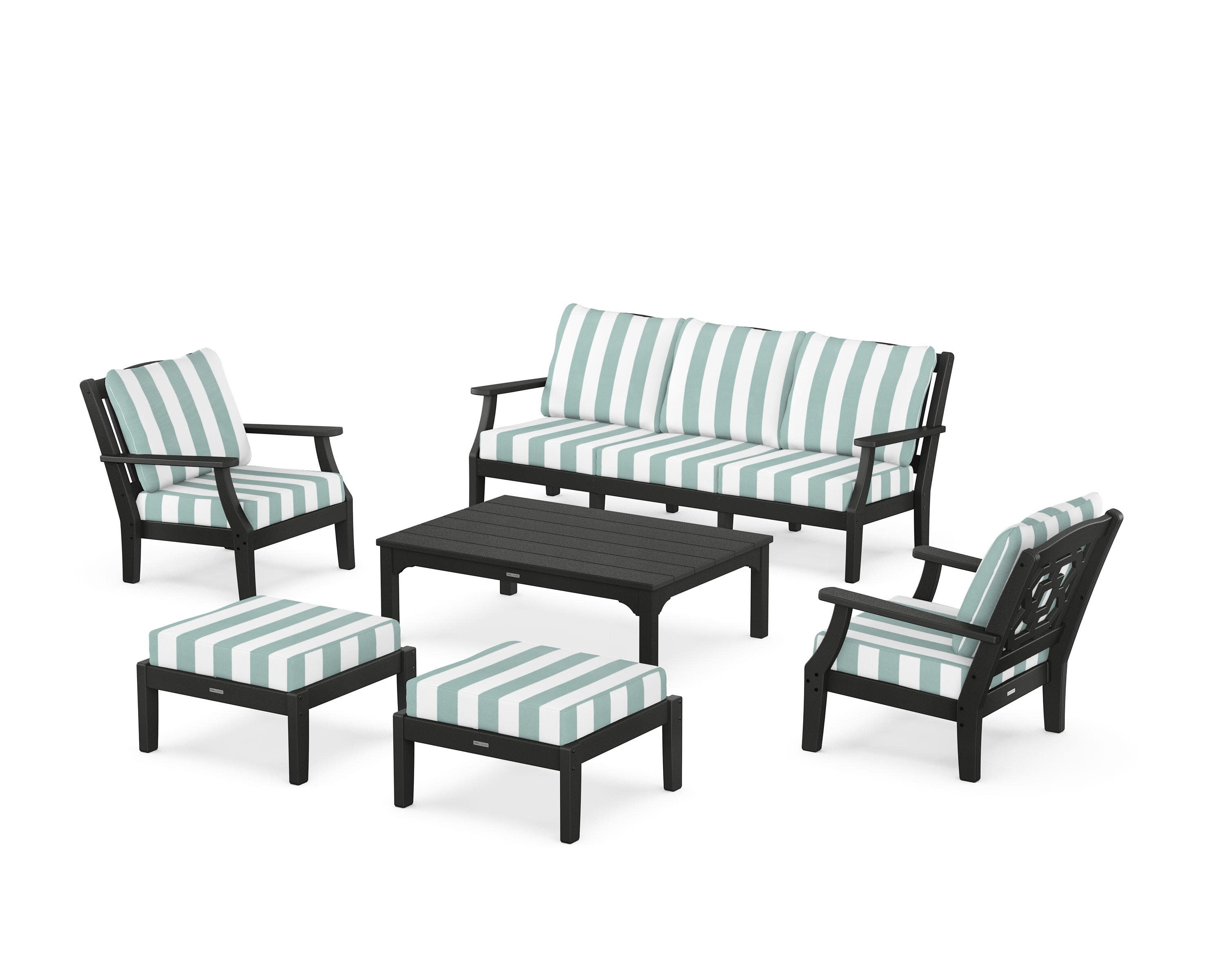 Chinoiserie 6-Piece Lounge Sofa Set in Black / Cabana Stripe Glacier Spa