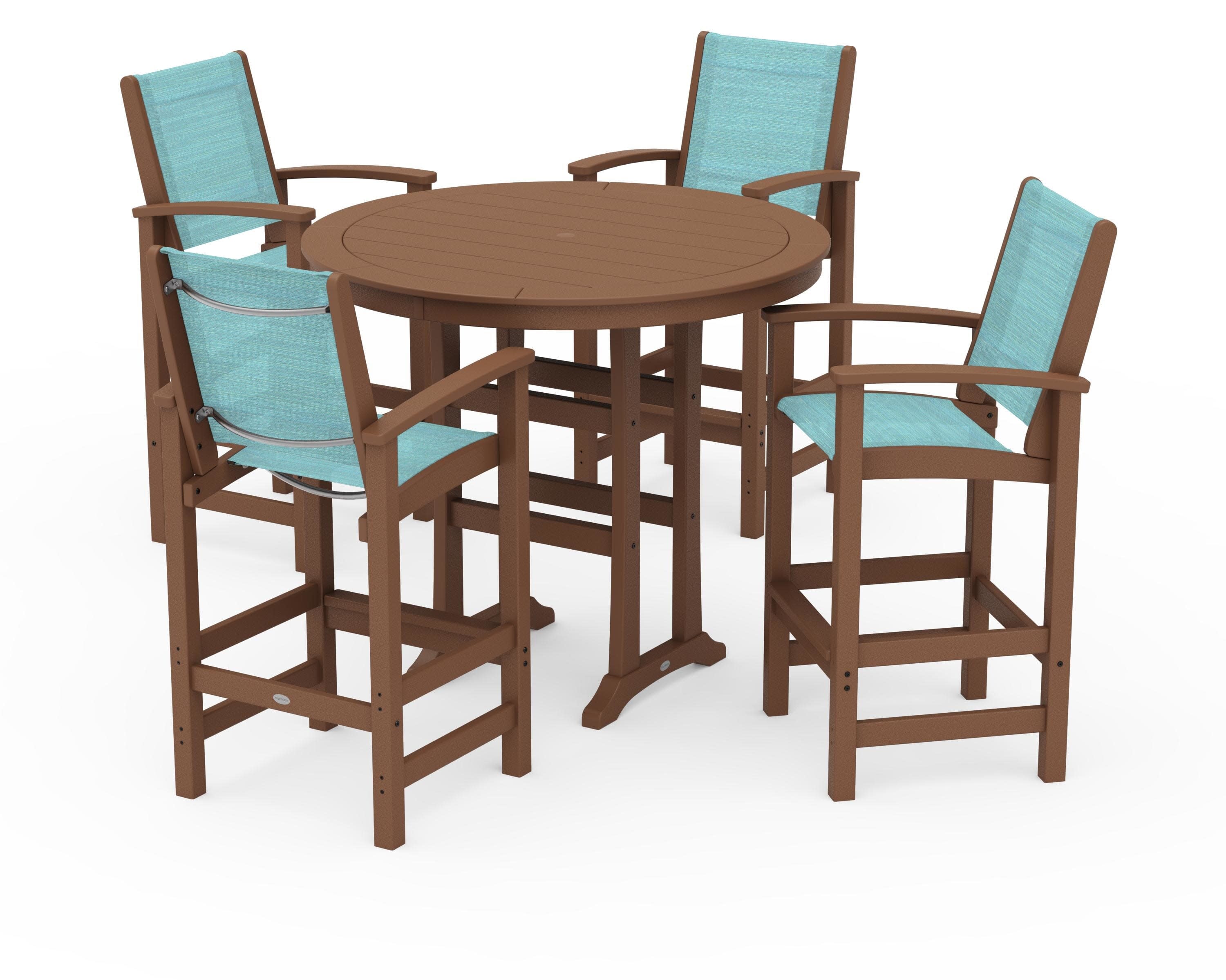 Coastal 5-Piece Nautical Trestle Bar Set in Teak / Dupioni Aquamarine Sling