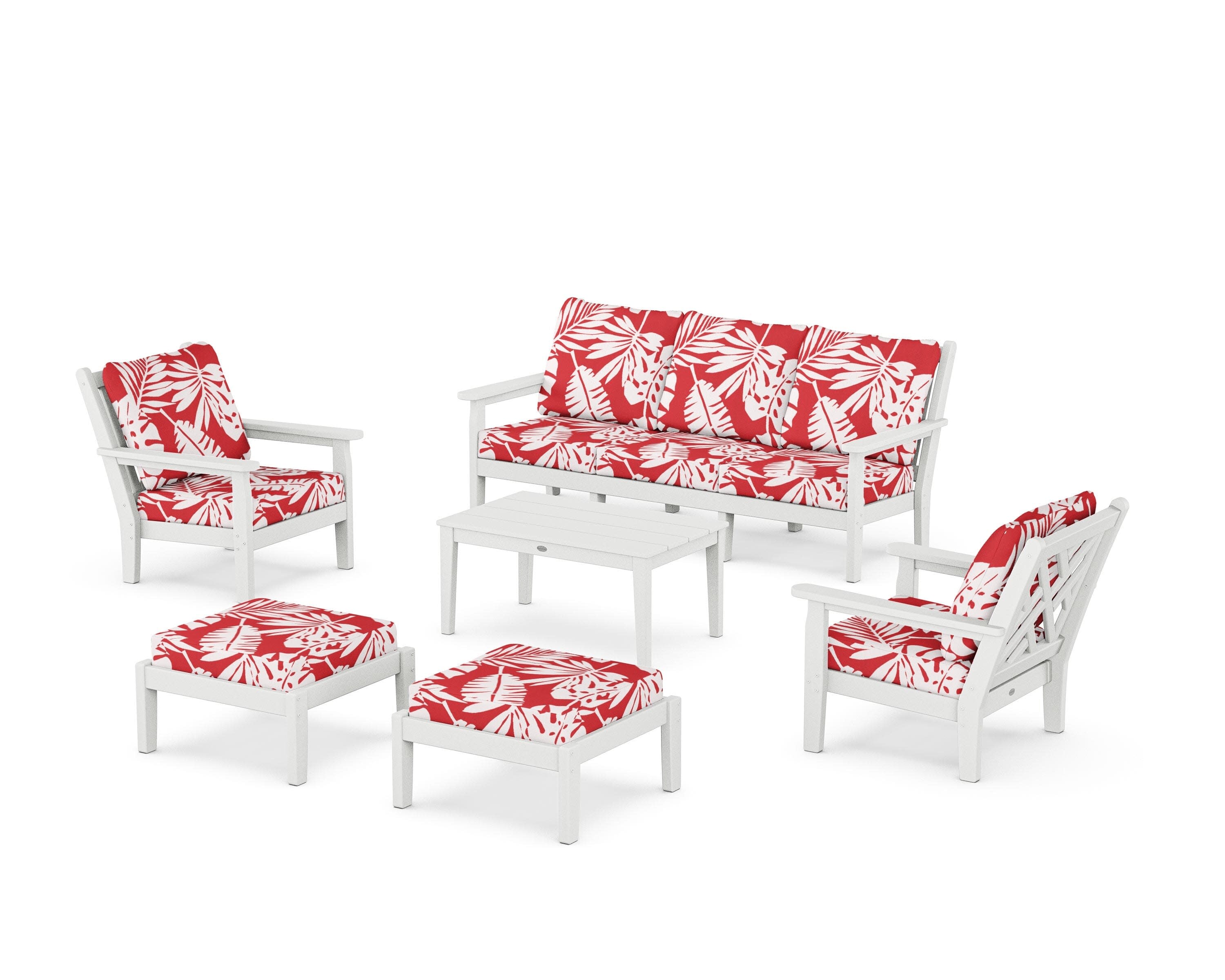 Chippendale 6-Piece Lounge Sofa Set in White / Leaf Crimson