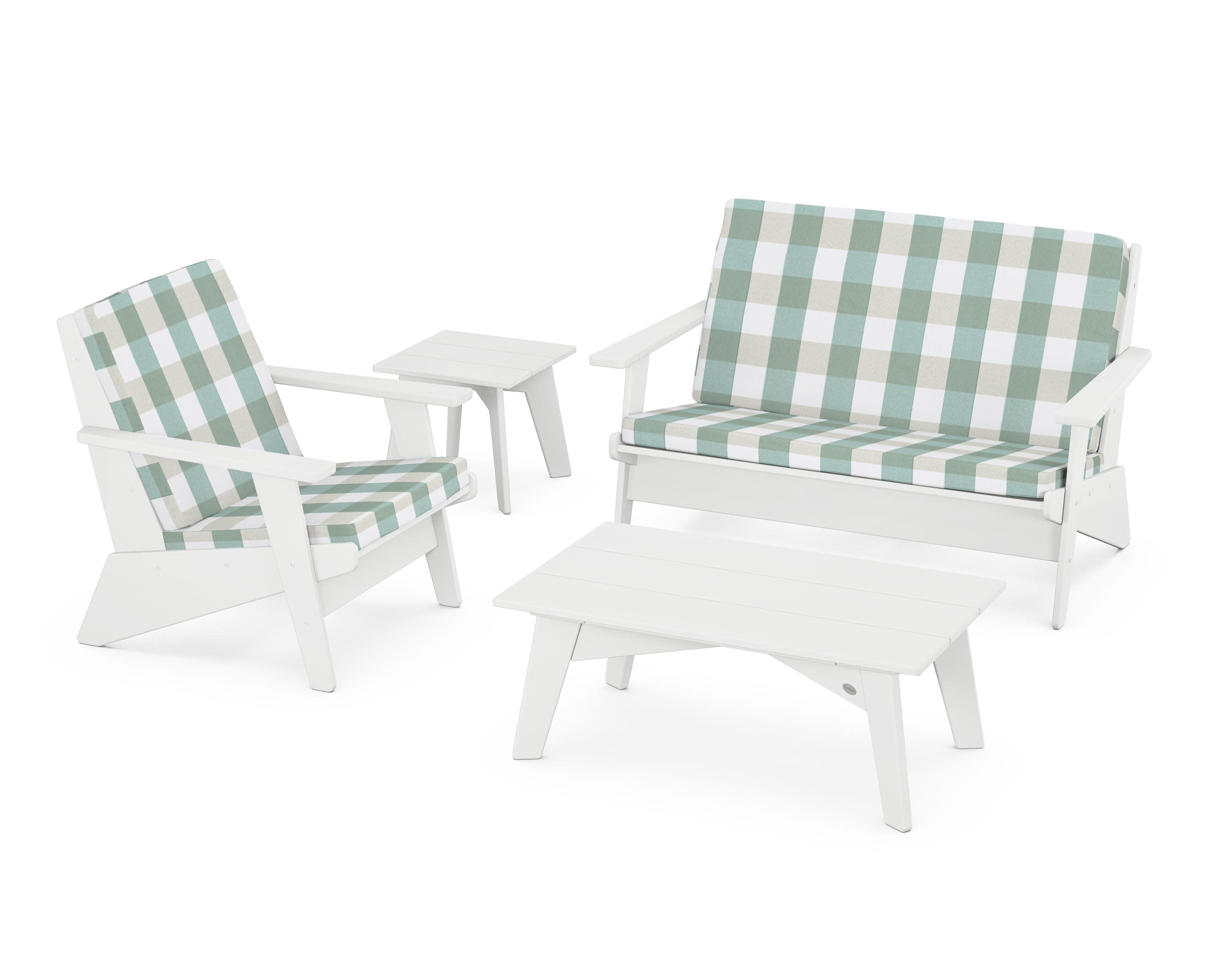 Riviera Modern Lounge 4-Piece Set in White / Buffalo Plaid Glacier Spa