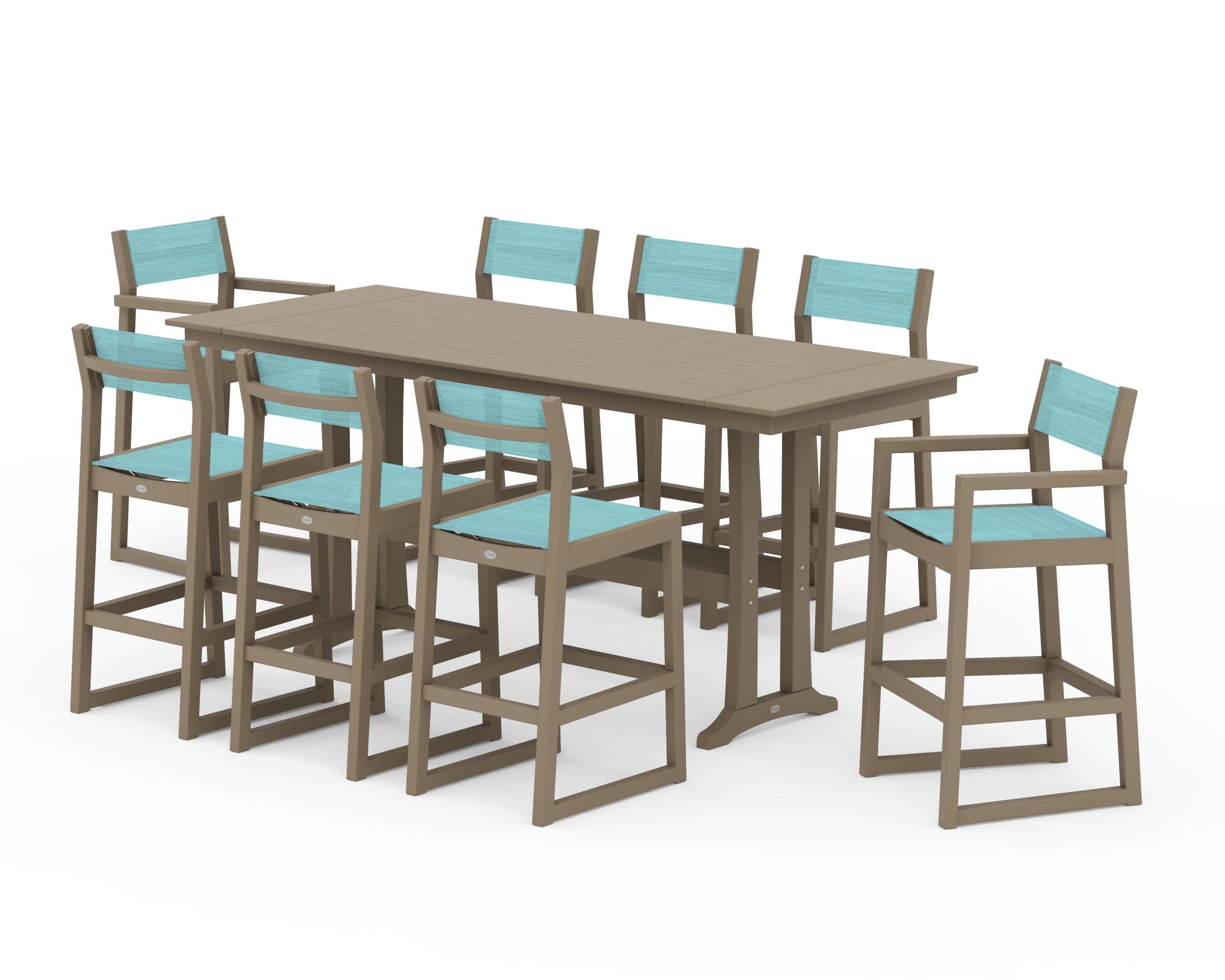 EDGE Sling 9-Piece Farmhouse Bar Set with Trestle Legs in Vintage Sahara / Dupioni Aquamarine Sling