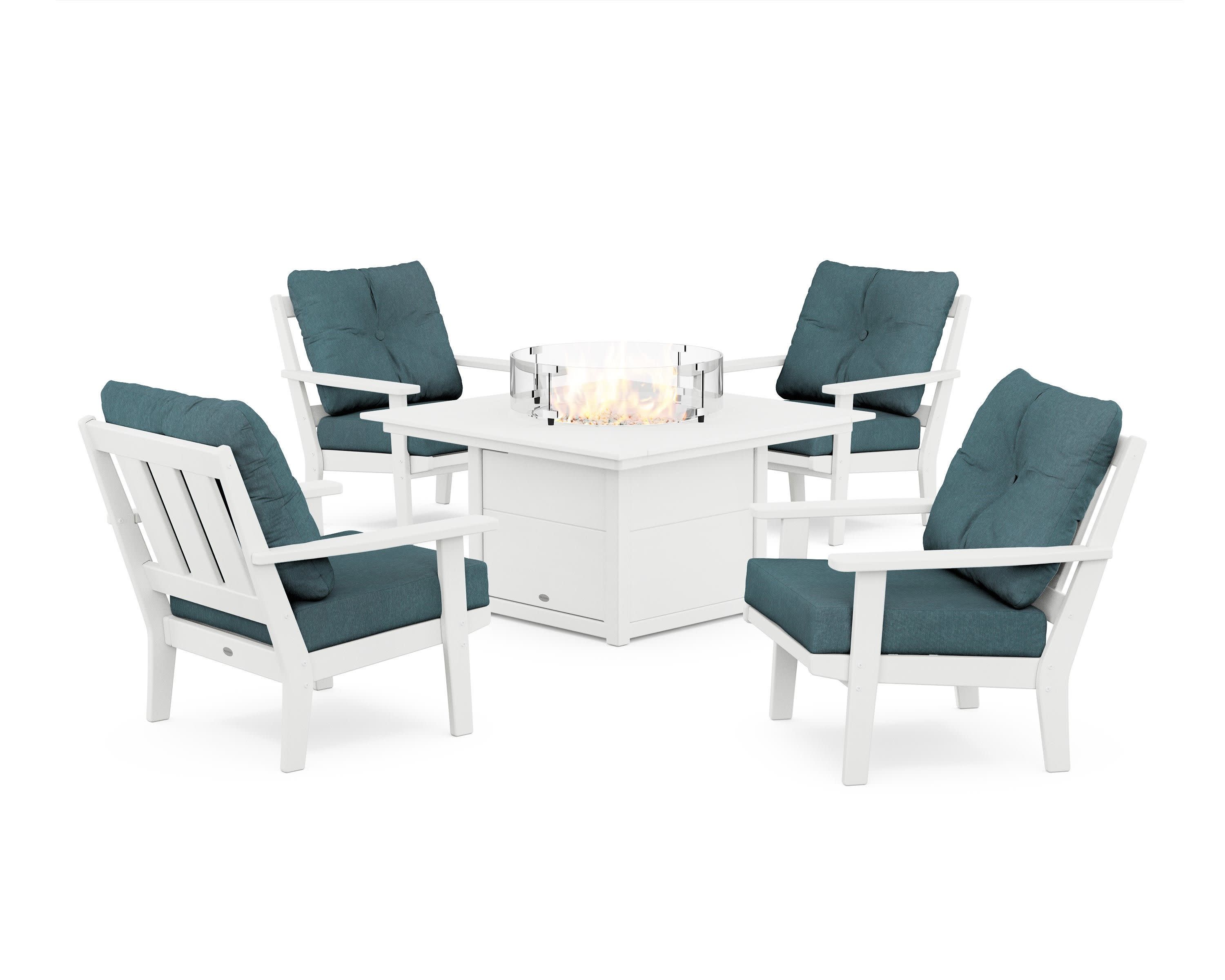 Oxford 5-Piece Deep Seating Set with Fire Pit Table in White / Ocean Teal