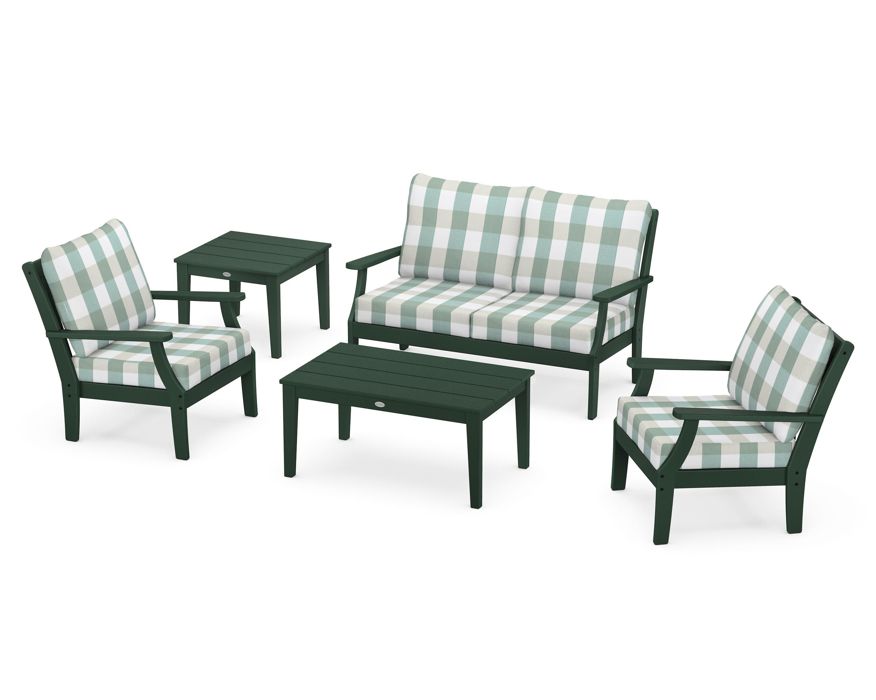 Braxton 5-Piece Deep Seating Set in Green / Buffalo Plaid Glacier Spa