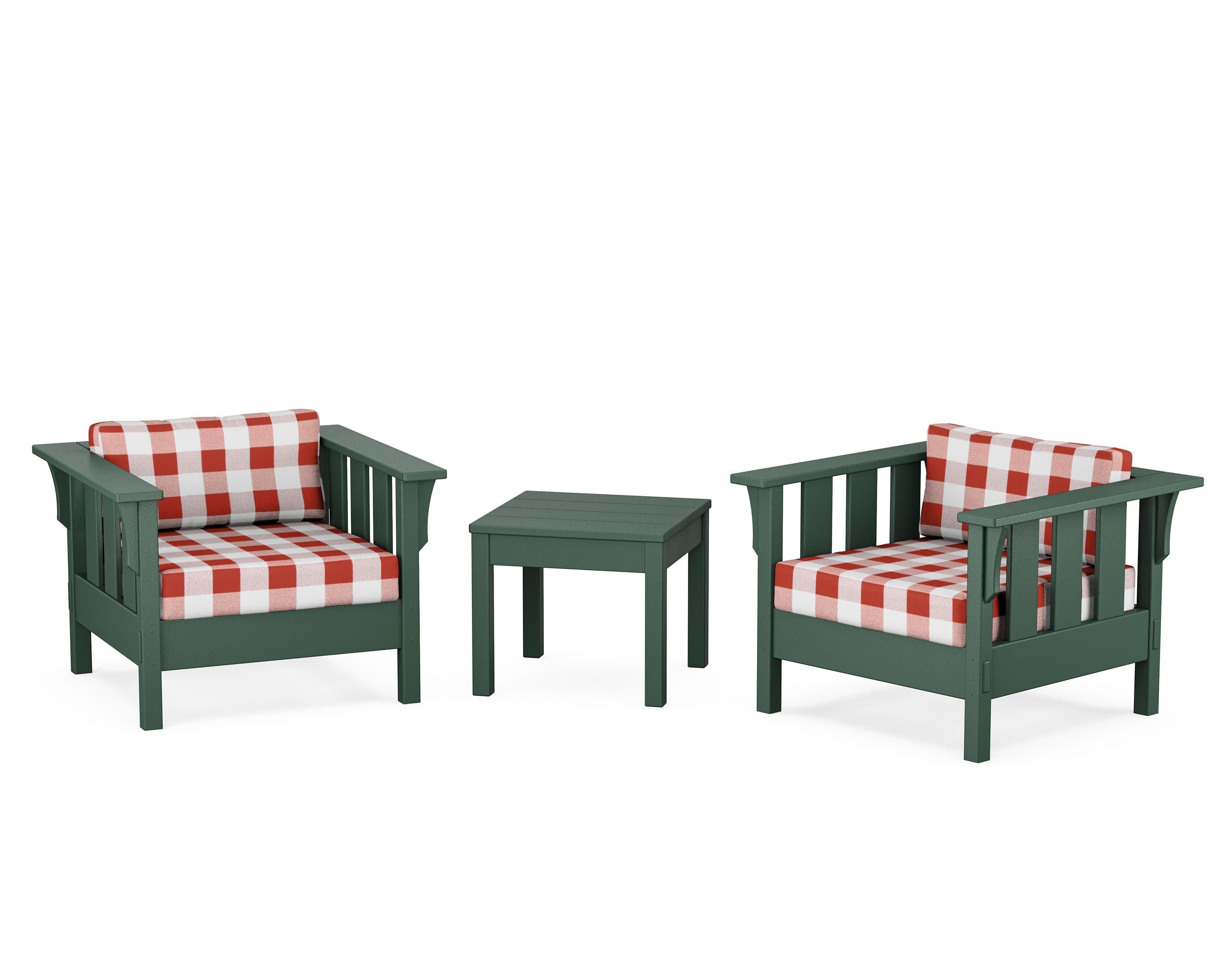 Acadia 3-Piece Deep Seating Set in Green / Buffalo Plaid Crimson
