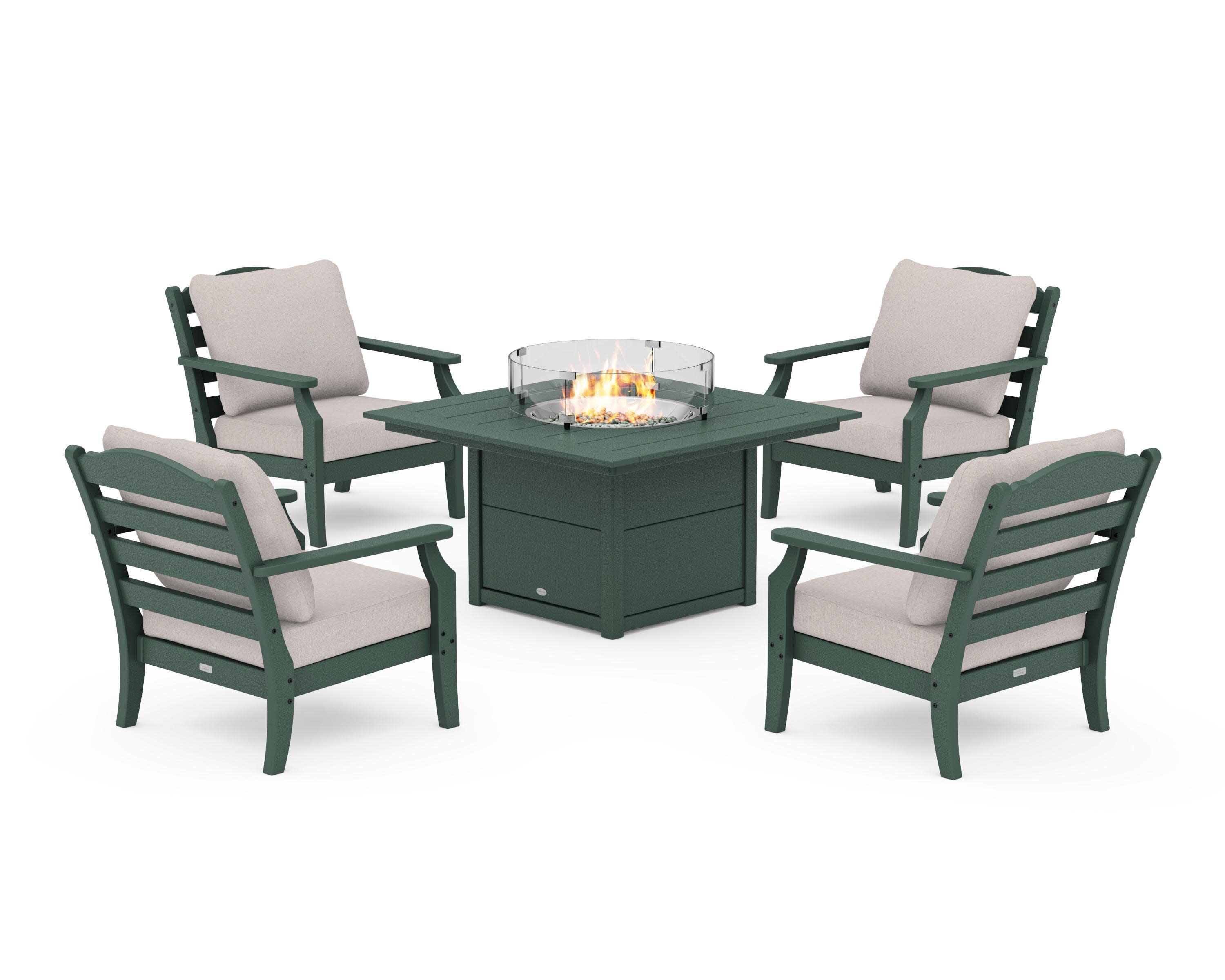 Savannah 5-Piece Deep Seating Set with Fire Pit Table in Green / Dune Burlap