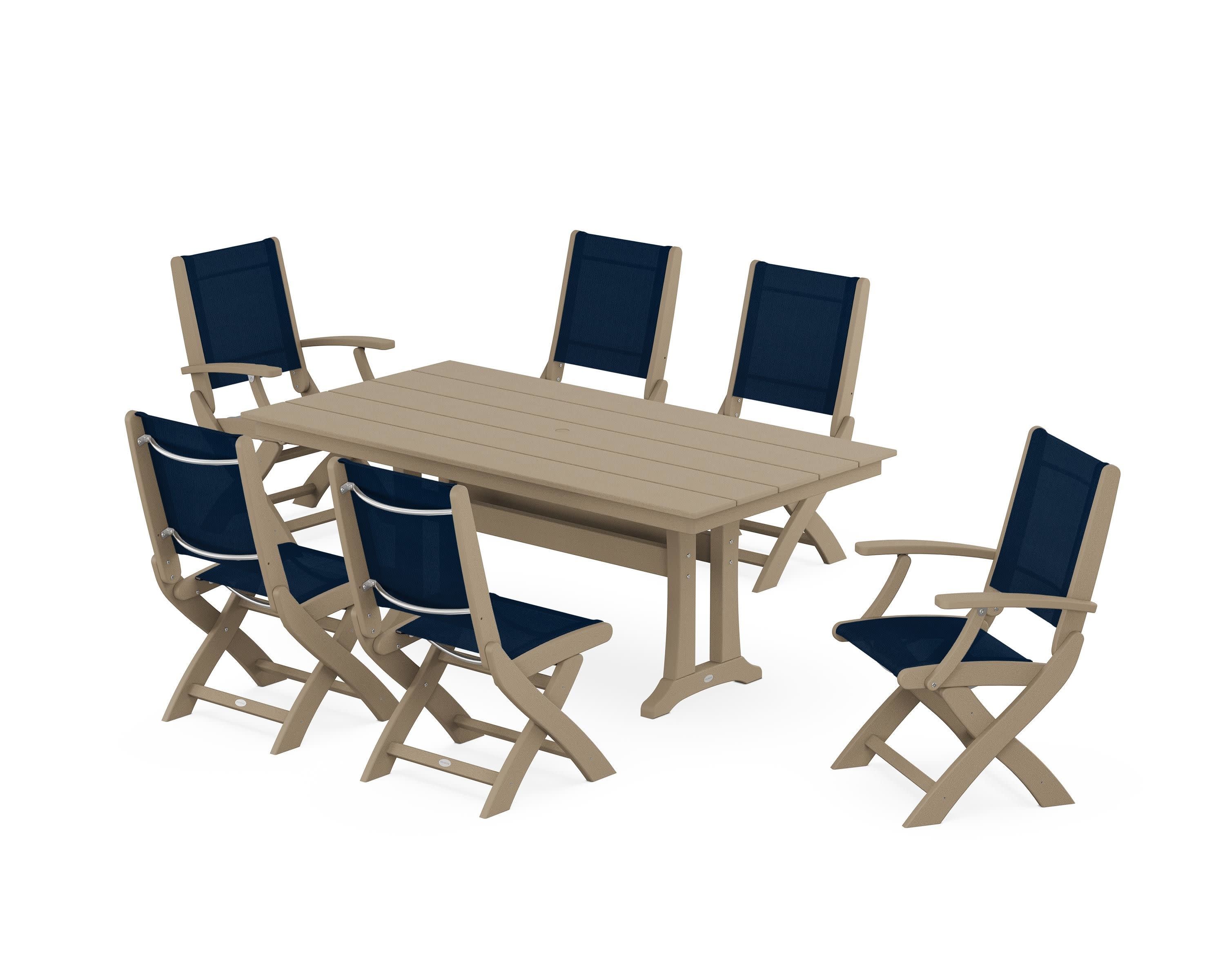 Coastal Folding Chair 7-Piece Farmhouse Dining Set with Trestle Legs in Vintage Sahara / Navy Blue Sling