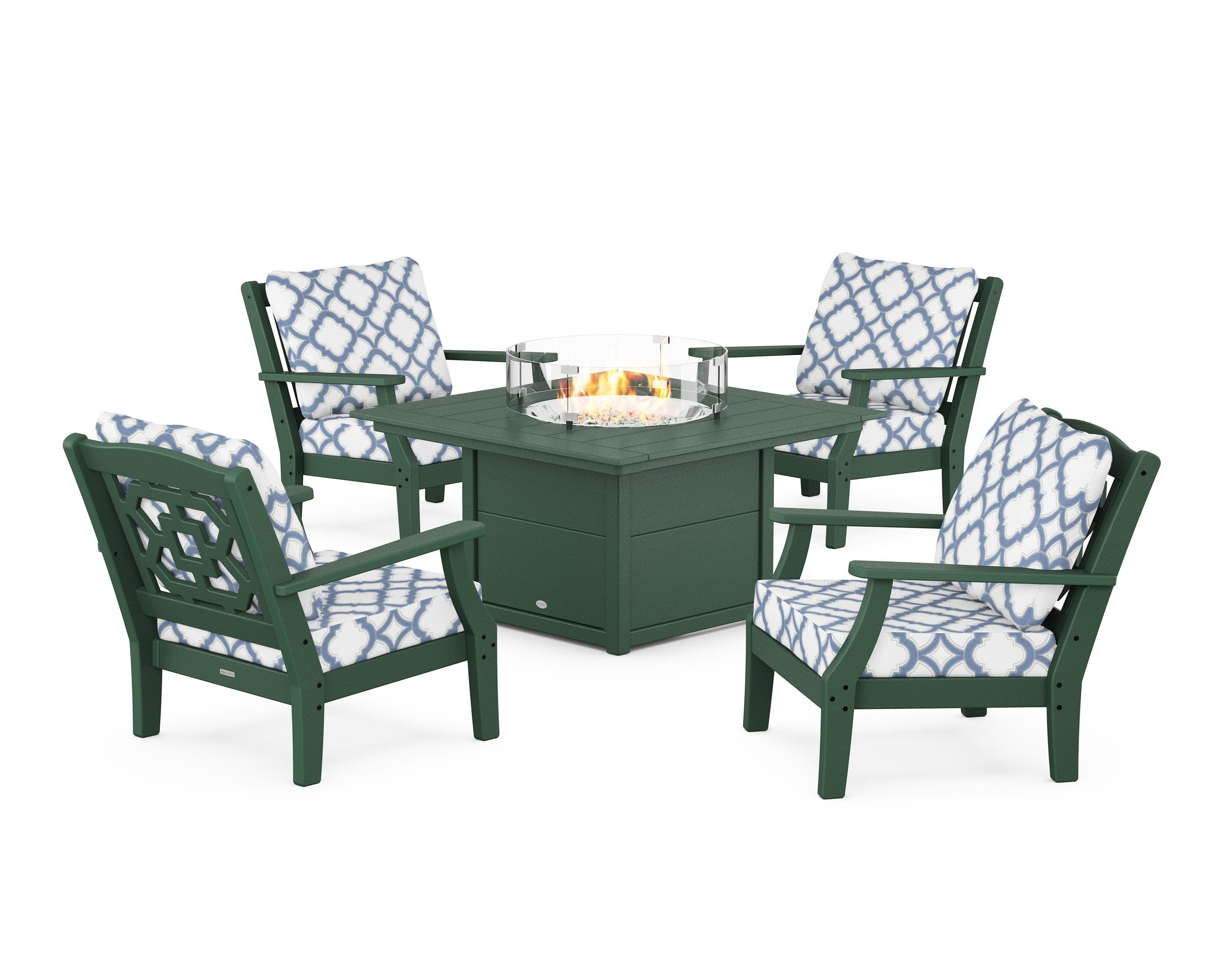 Chinoiserie 5-Piece Deep Seating Set with Fire Pit Table in Green / Trellis Sky Blue