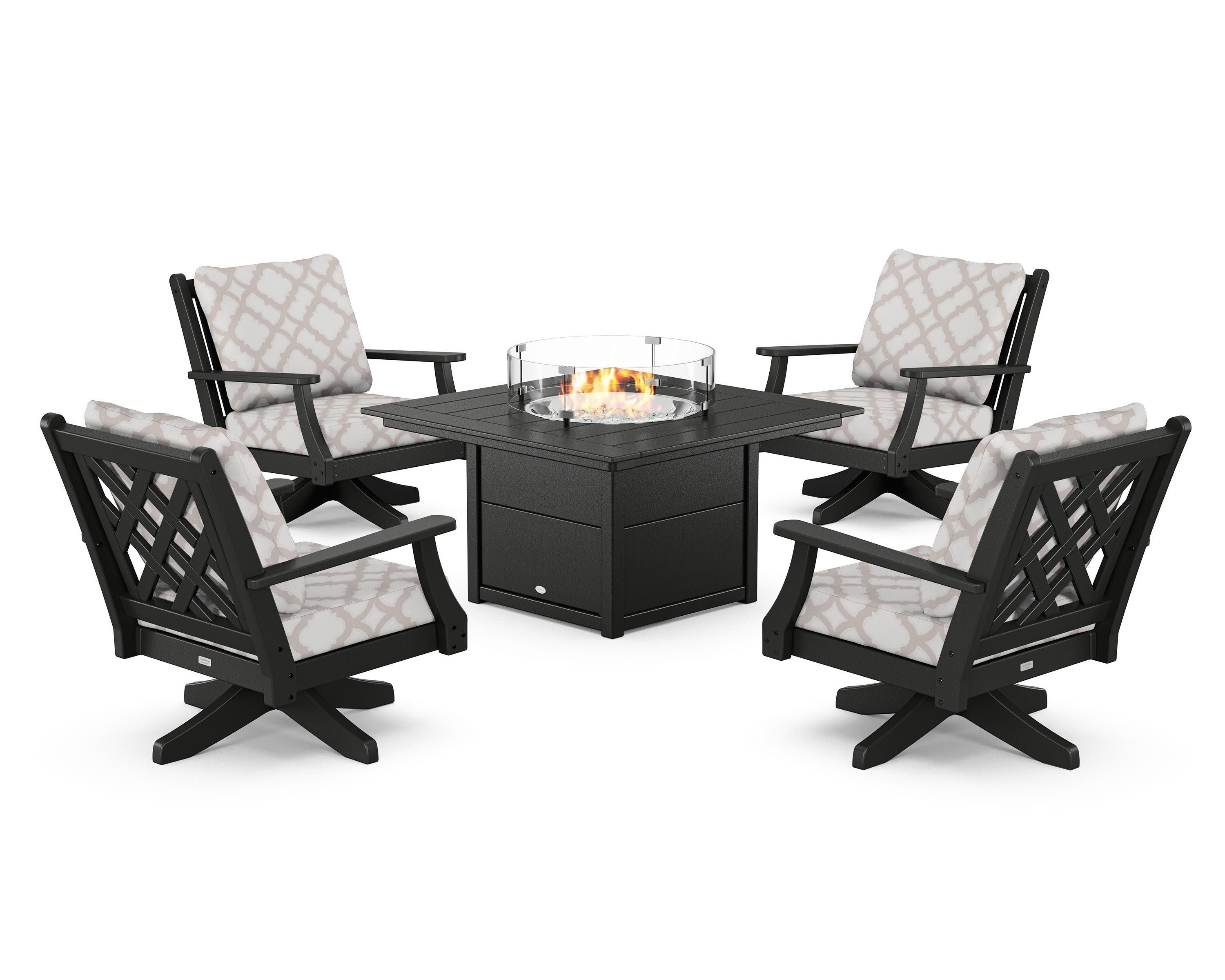 Wovendale 5-Piece Deep Seating Swivel Conversation Set with Fire Pit Table in Black / Trellis Dune Burlap