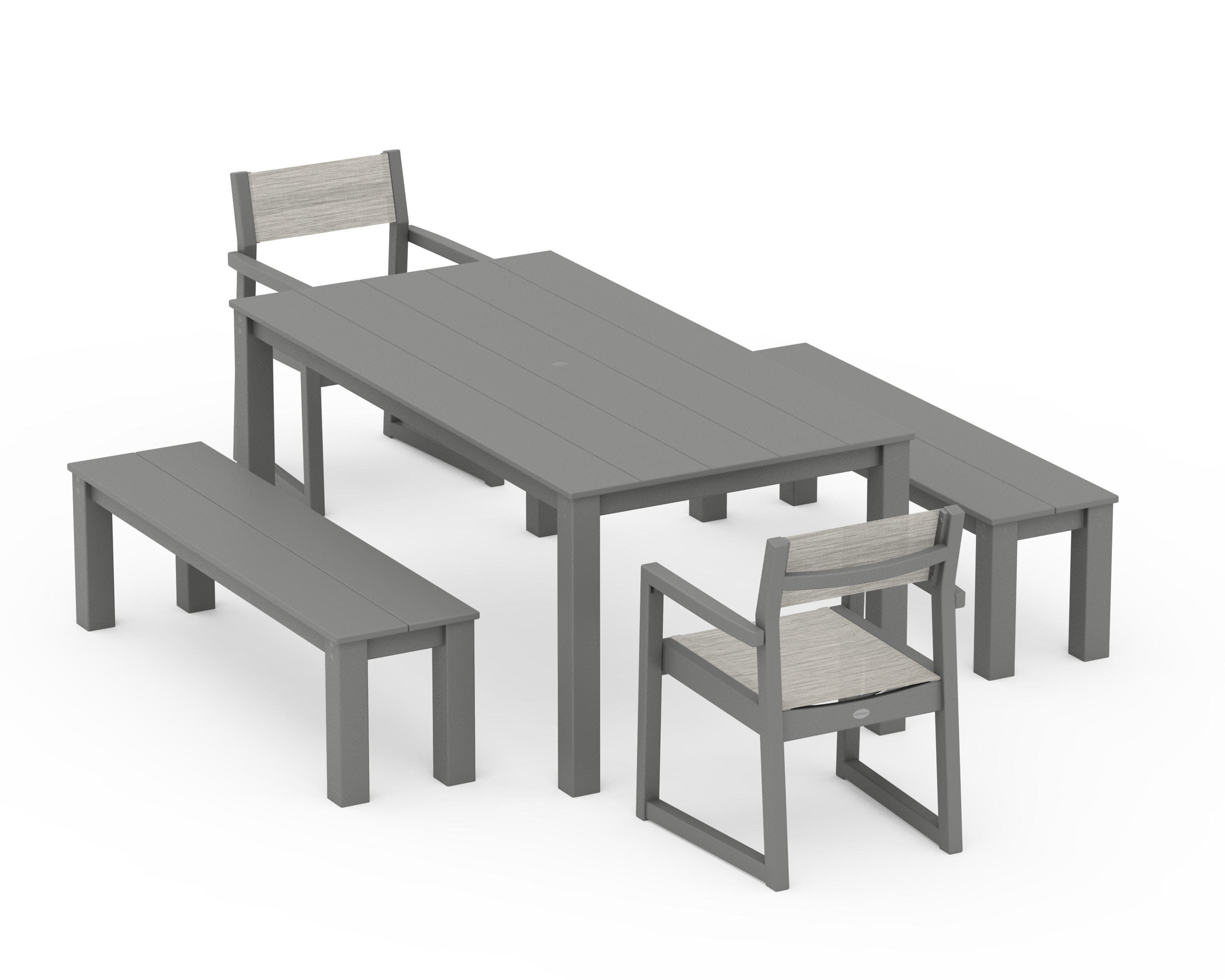EDGE Sling Arm Chair 5-Piece Parsons Dining Set with Benches in Slate Grey / Birch Sling