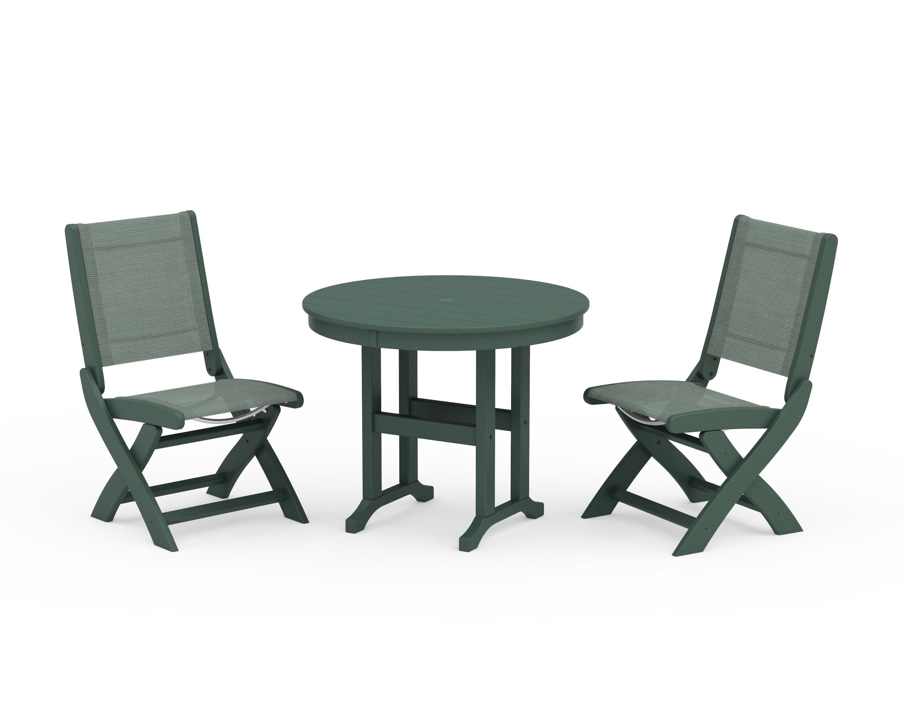 Coastal Folding Side Chair 3-Piece Round Dining Set in Green / Dupioni Sea Mist Sling