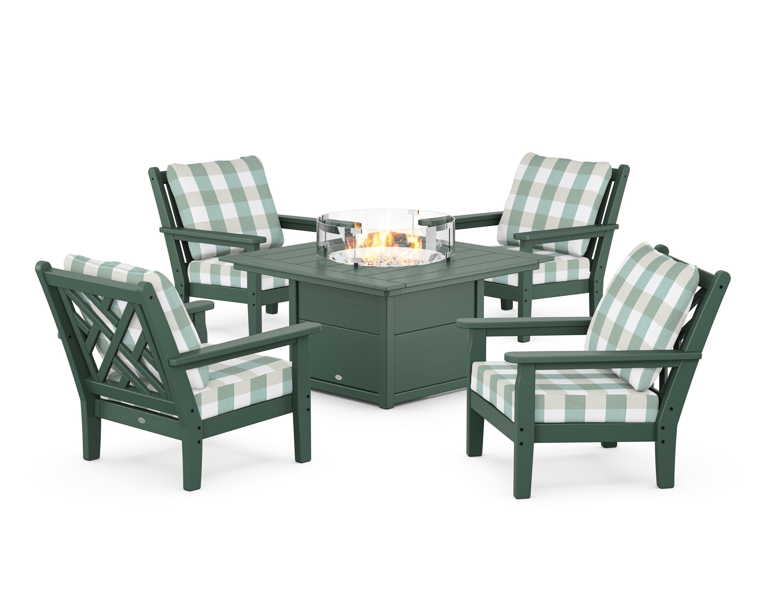 Chippendale 5-Piece Deep Seating Set with Fire Pit Table in Green / Buffalo Plaid Glacier Spa