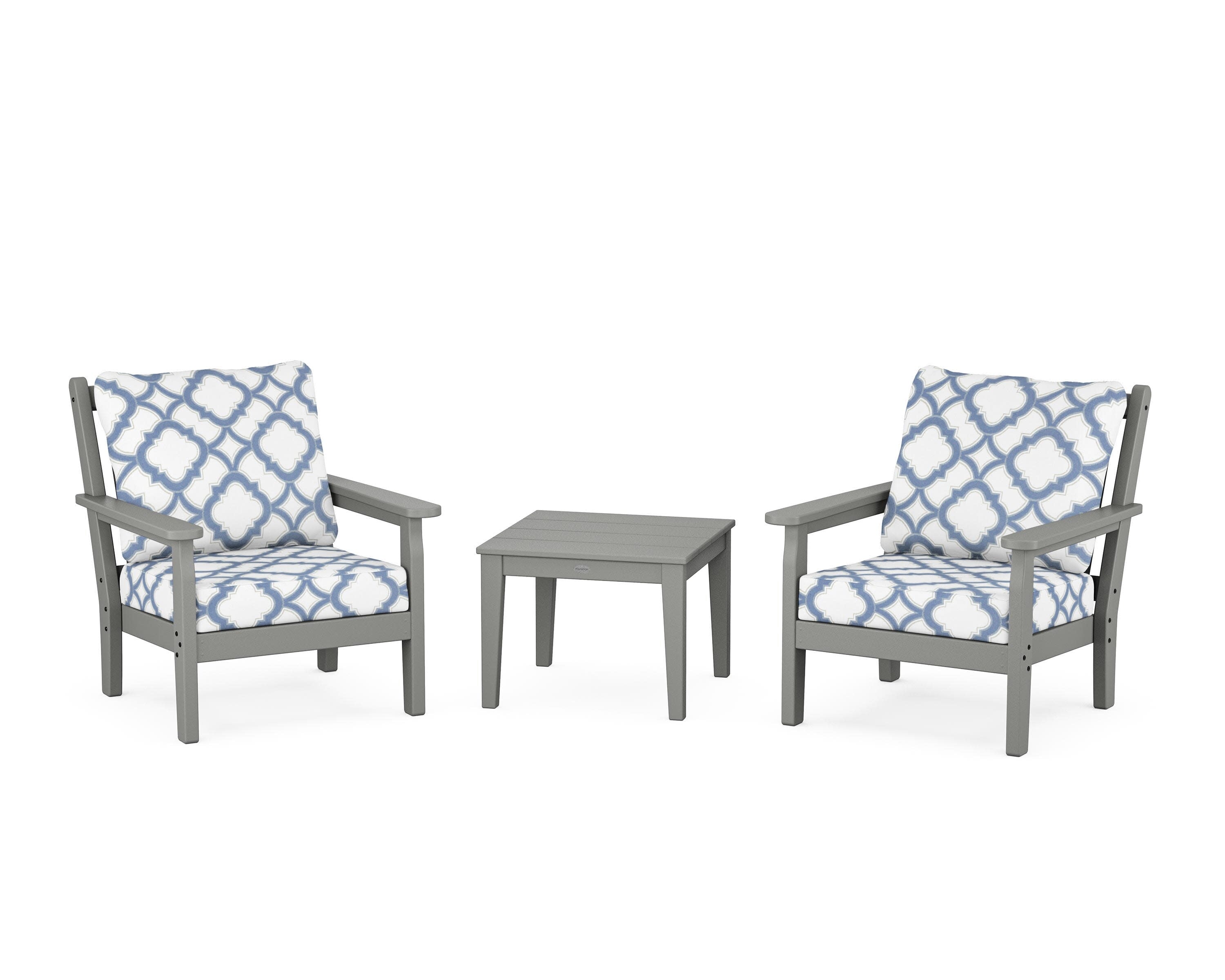Chippendale 3-Piece Deep Seating Set in Slate Grey / Trellis Sky Blue