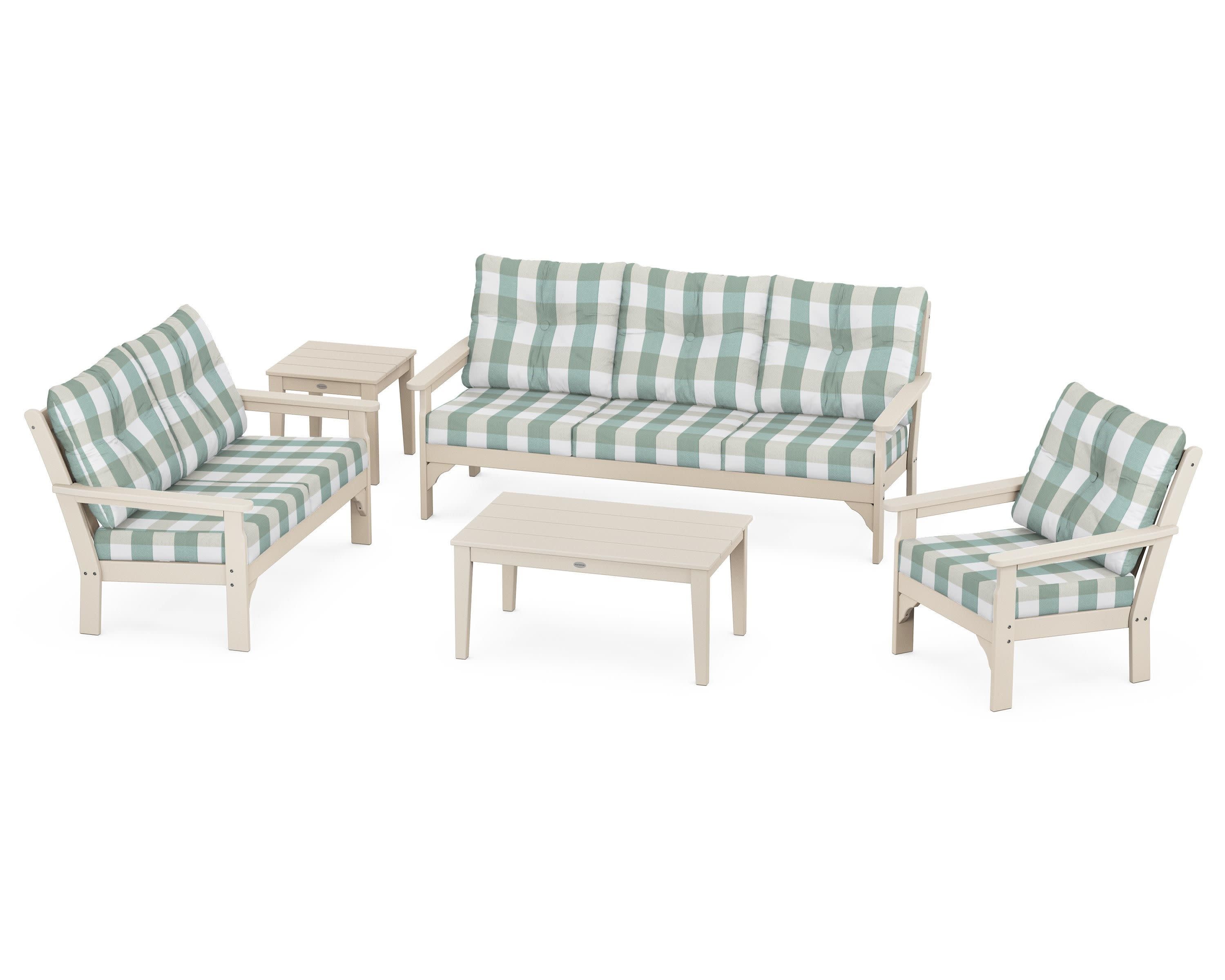Vineyard 5 Piece Deep Seating Set in Sand / Buffalo Plaid Glacier Spa