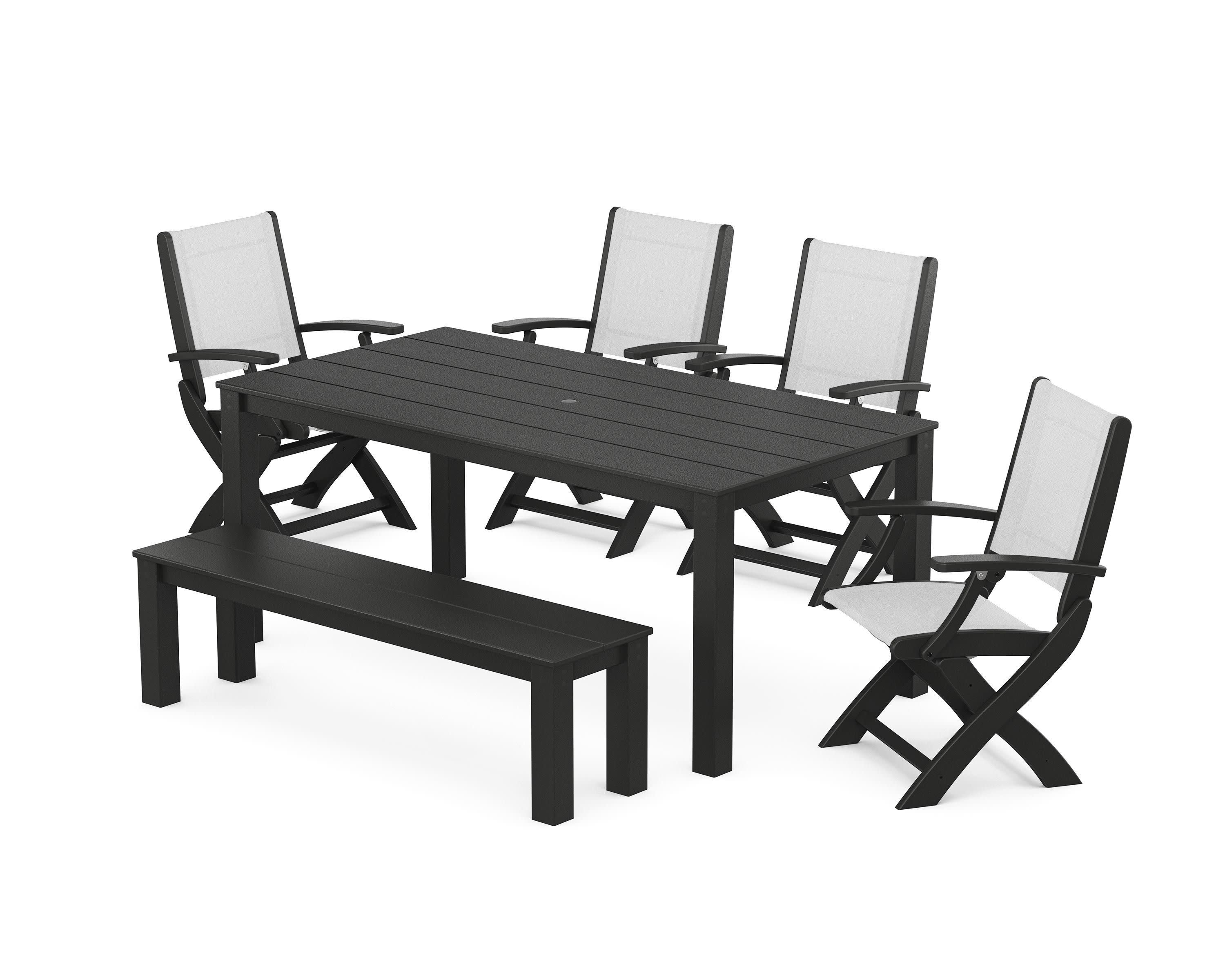 Coastal Folding Chair 6-Piece Parsons Dining Set with Bench in Black / White Sling