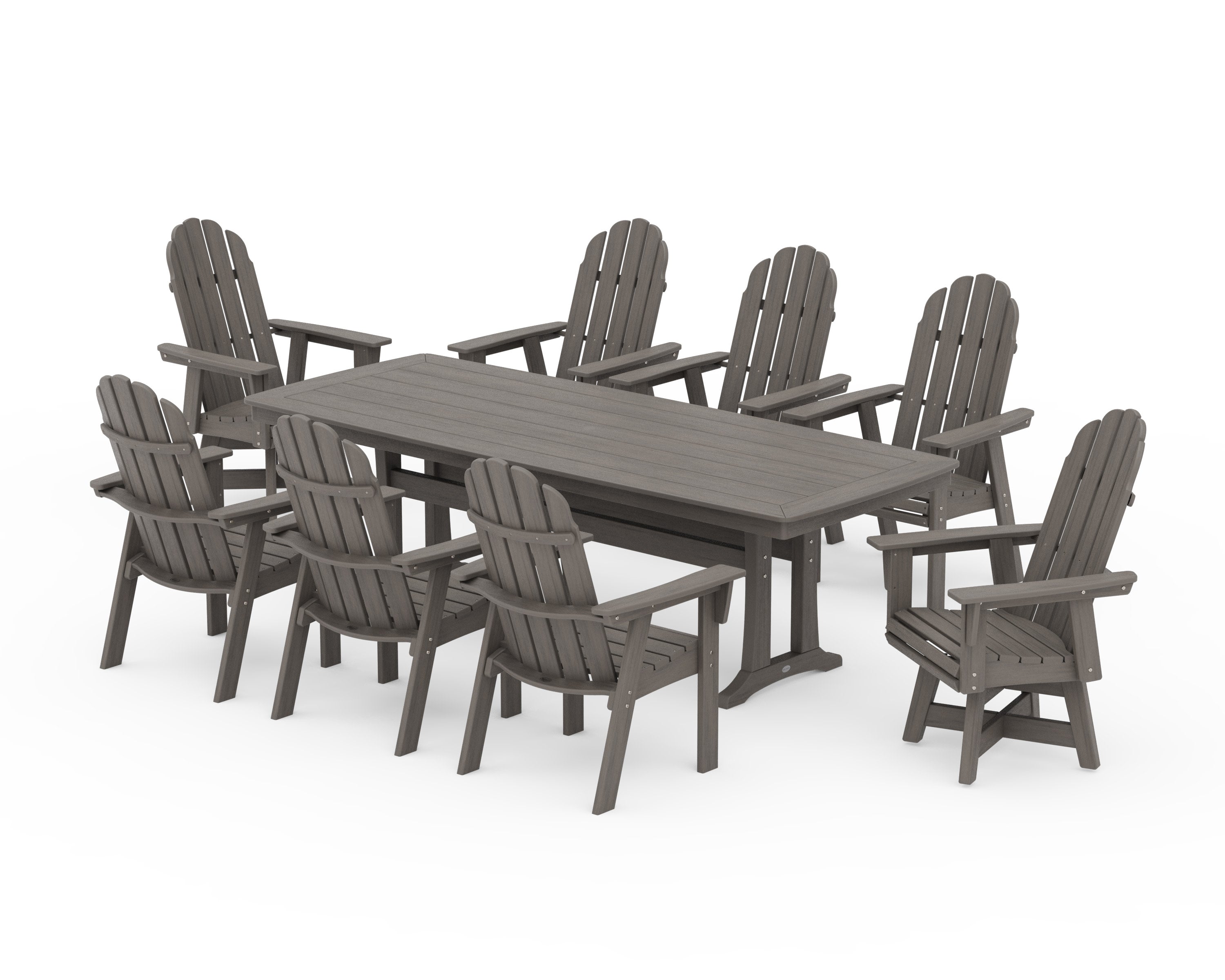 Vineyard Curveback Adirondack Swivel 9-Piece Dining Set with Trestle Legs in Driftwood