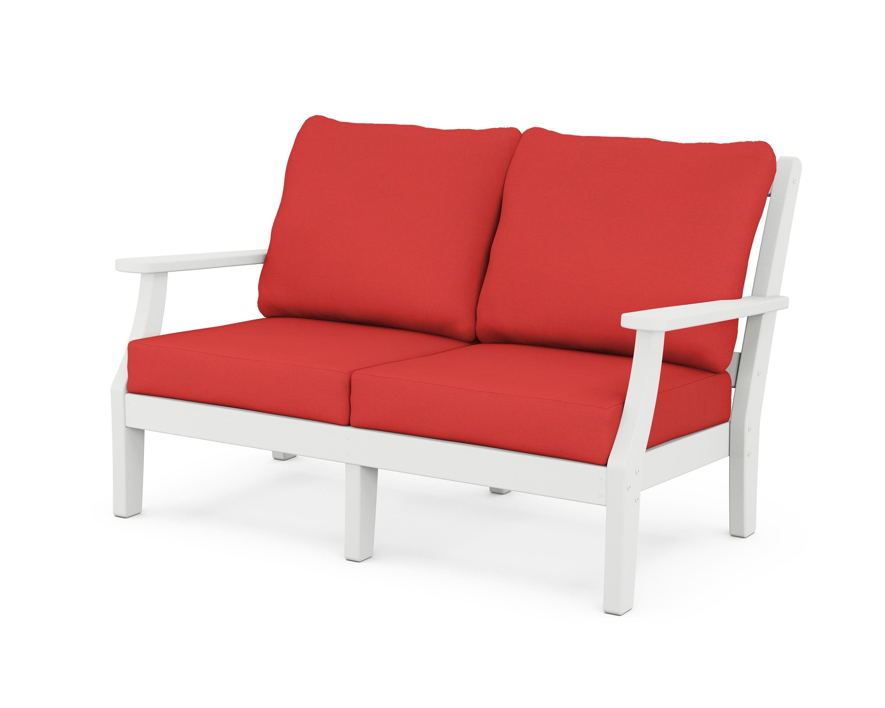 Chinoiserie Deep Seating Loveseat in White / Crimson Linen