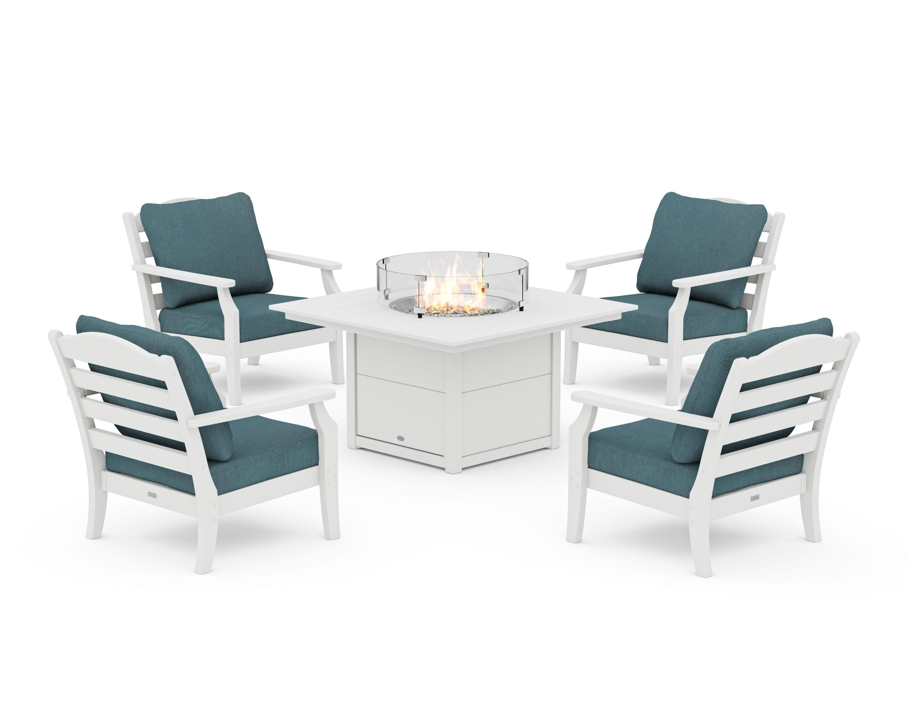 Savannah 5-Piece Deep Seating Set with Fire Pit Table in White / Ocean Teal