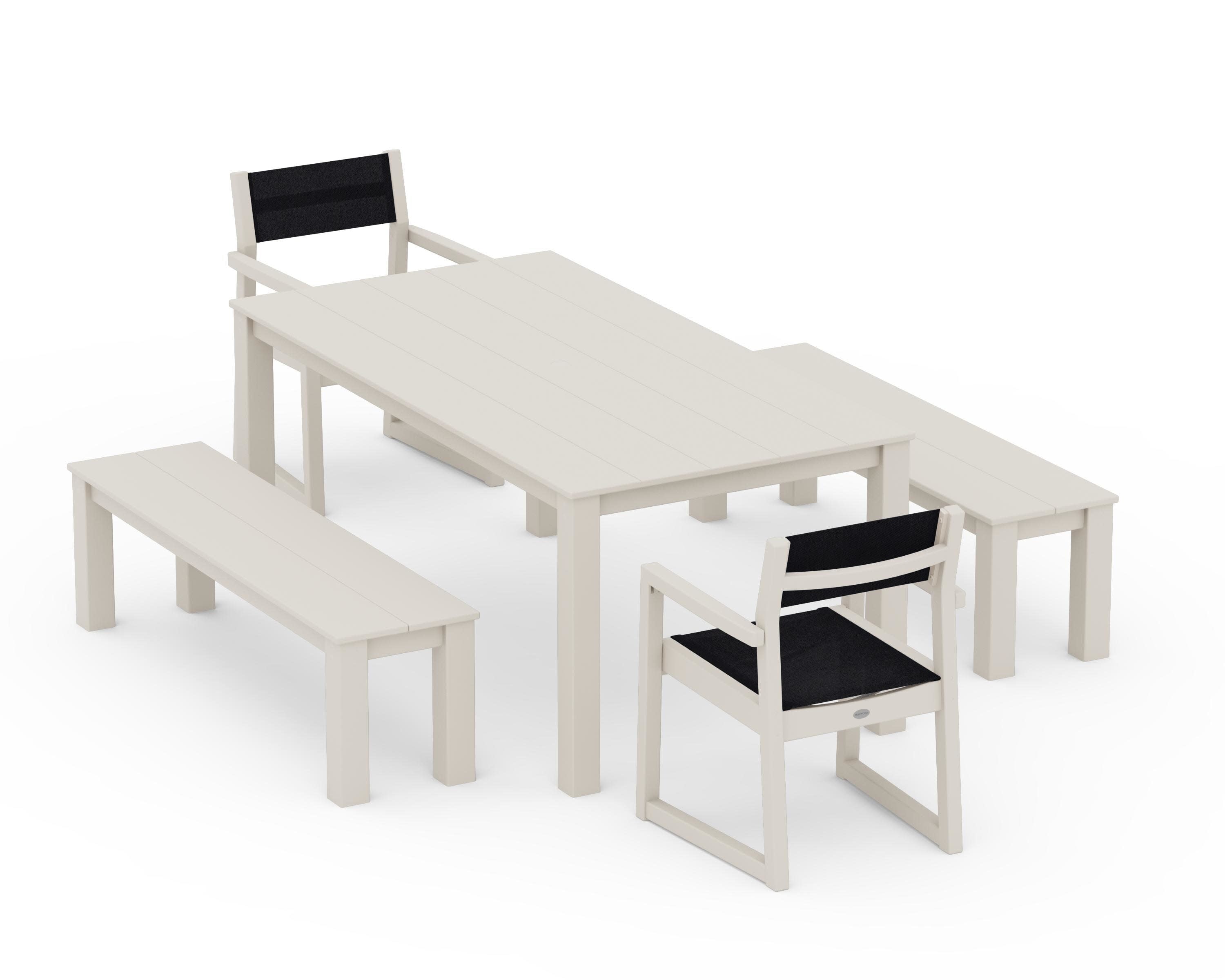 EDGE Sling Arm Chair 5-Piece Parsons Dining Set with Benches in Sand / Black Sling