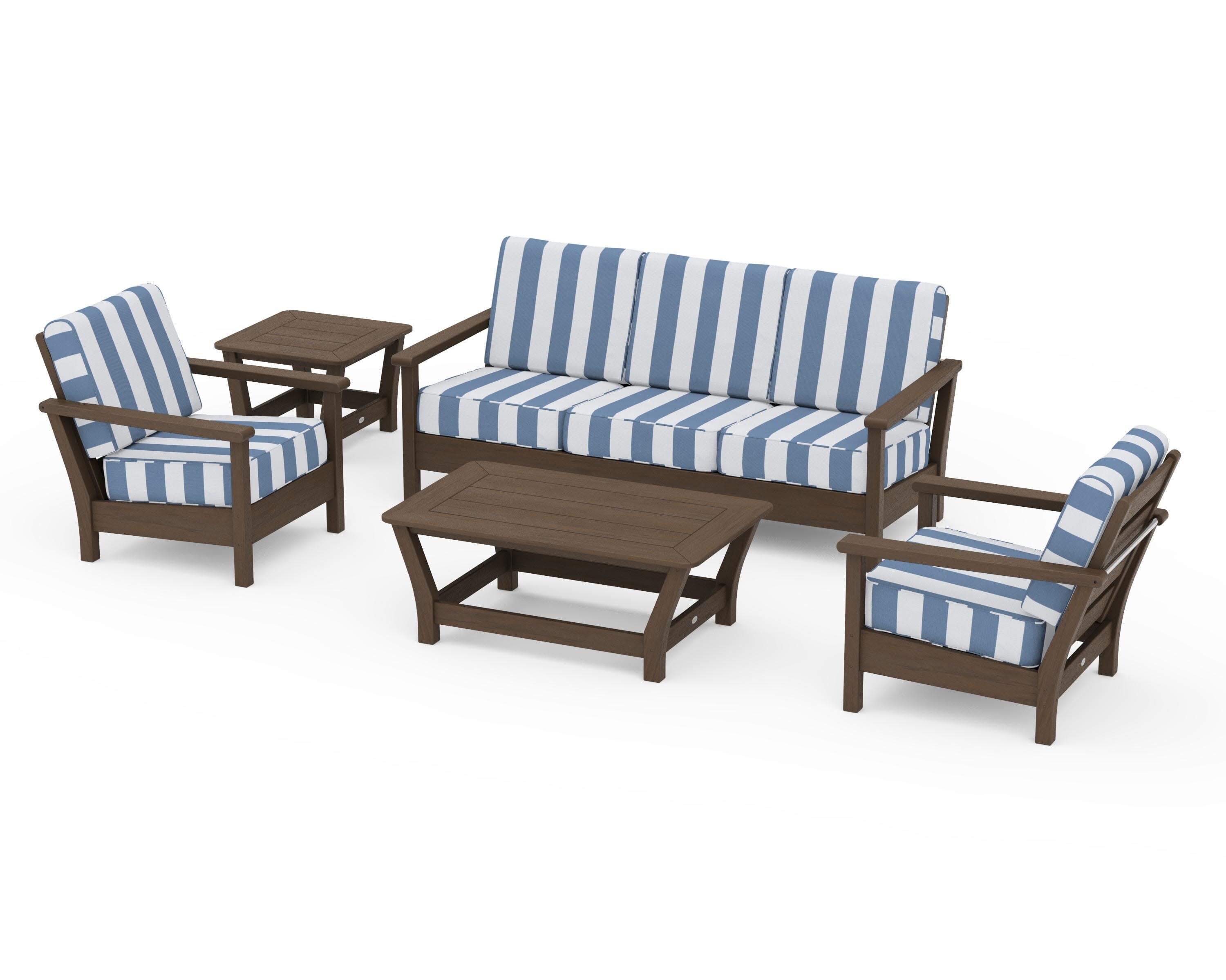 Harbour 5-Piece Deep Seating Set in Kona / Cabana Stripe Sky Blue