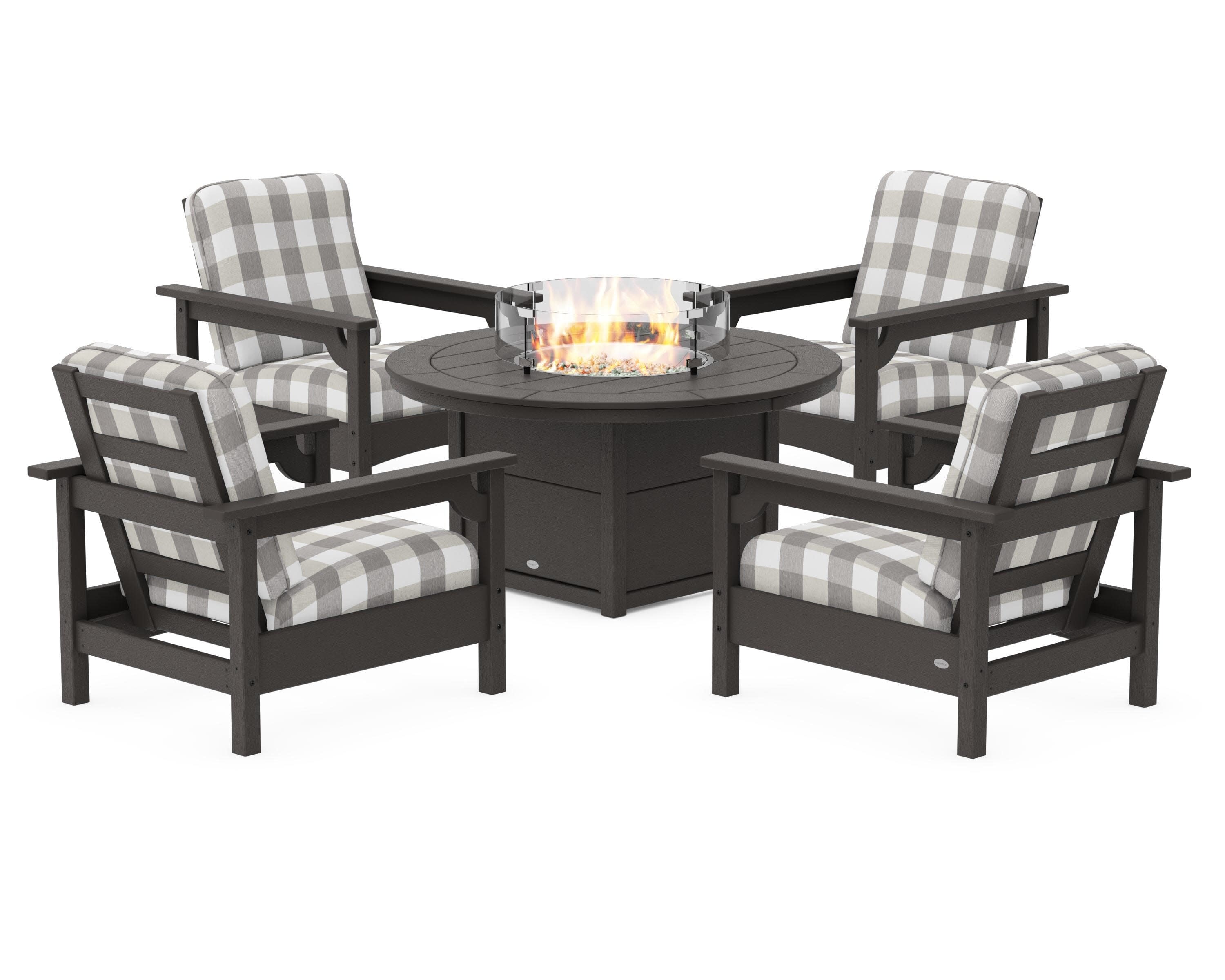 Club 5-Piece Conversation Set with Fire Pit Table in Vintage Coffee / Buffalo Plaid Grey Mist
