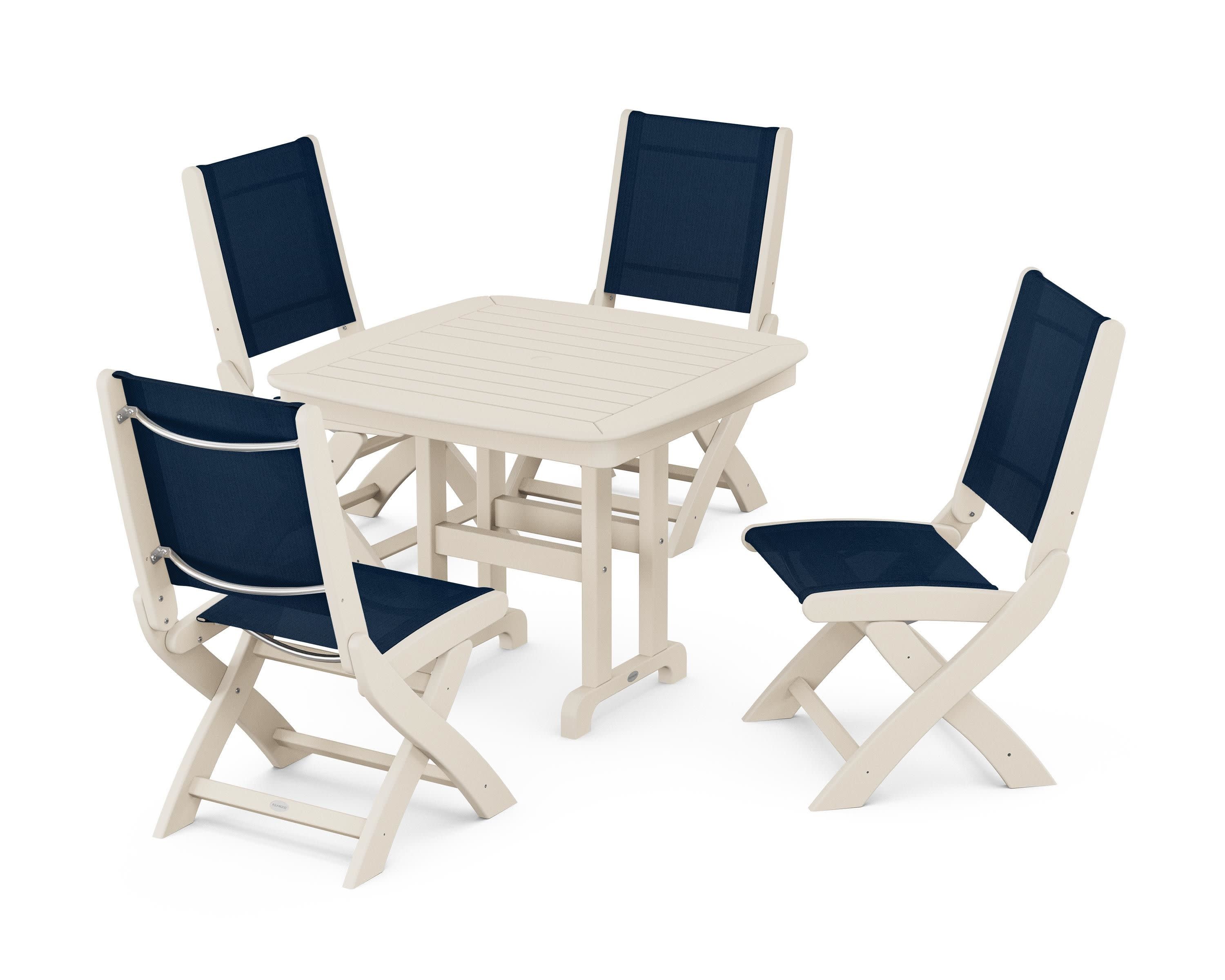 Coastal Folding Side Chair 5-Piece Dining Set in Sand / Navy Blue Sling