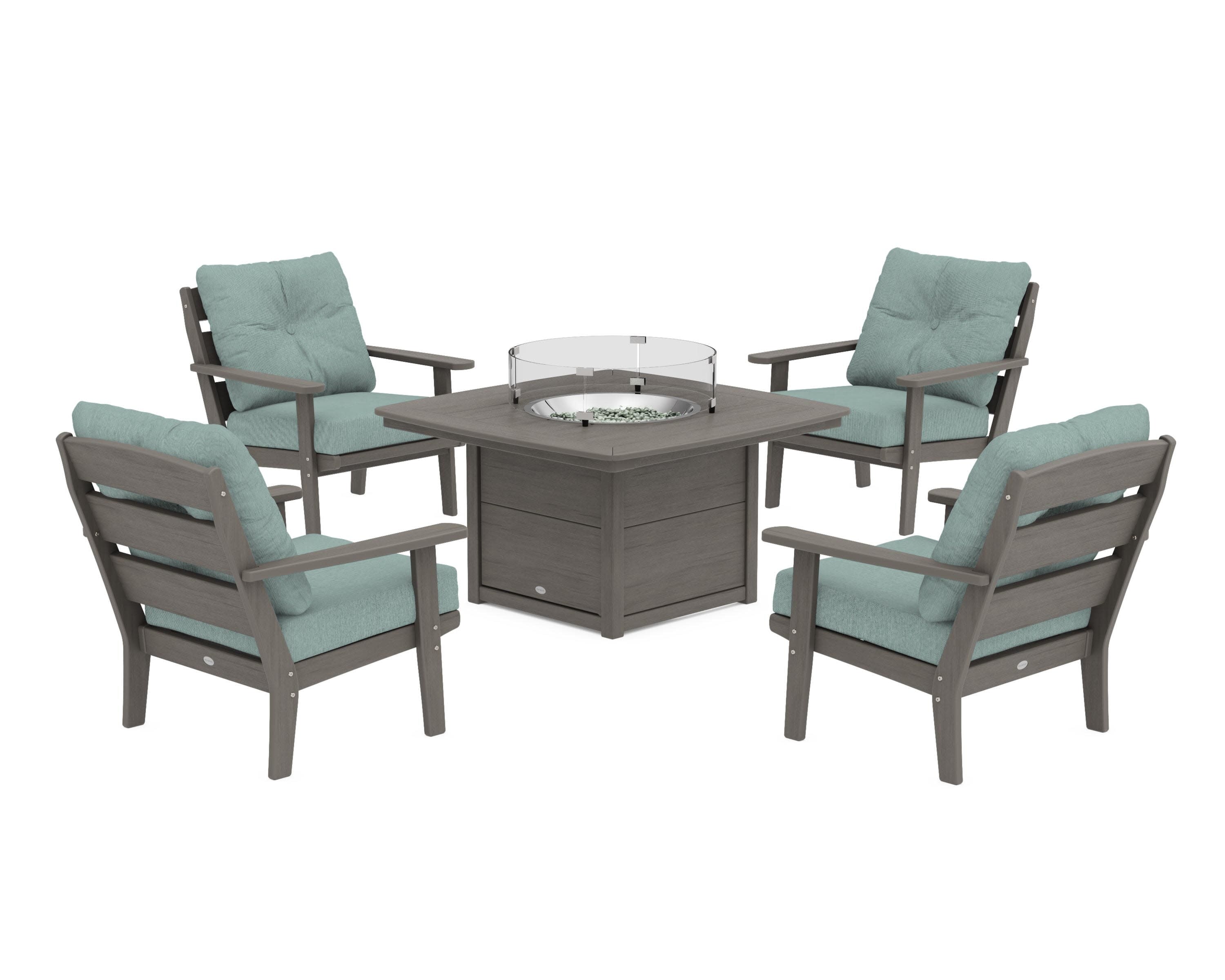 Lakeside 5-Piece Deep Seating Set with Nautical Fire Pit Table in Driftwood / Glacier Spa