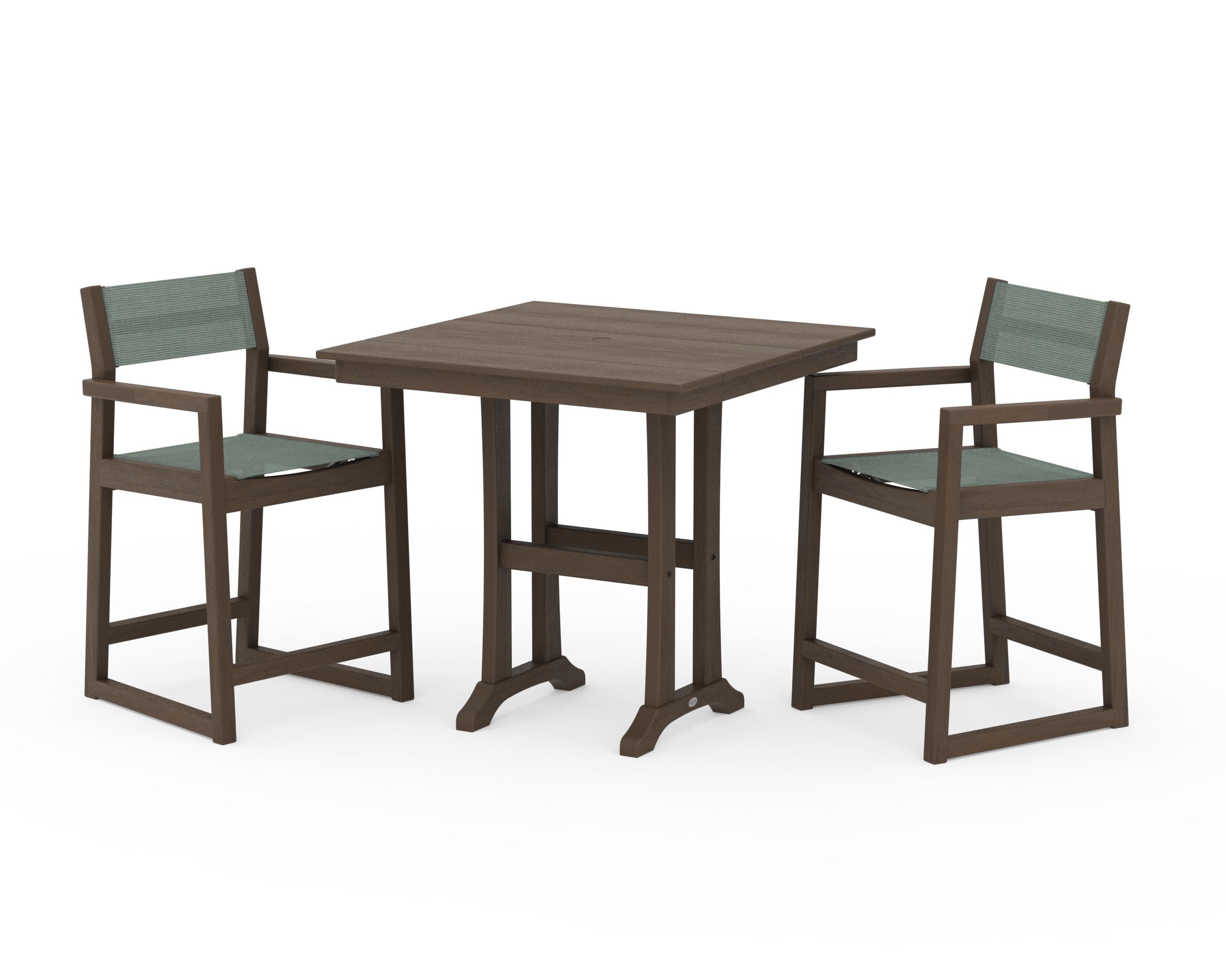 EDGE Sling Arm Chair 3-Piece Farmhouse Counter Set with Trestle Legs in Kona / Dupioni Sea Mist Sling