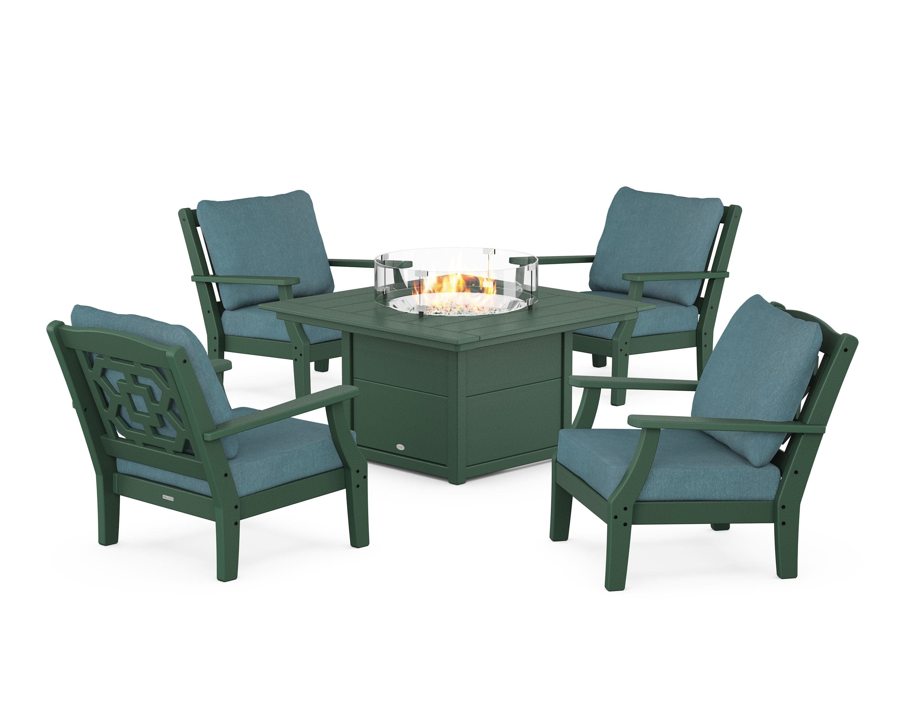 Chinoiserie 5-Piece Deep Seating Set with Fire Pit Table in Green / Ocean Teal