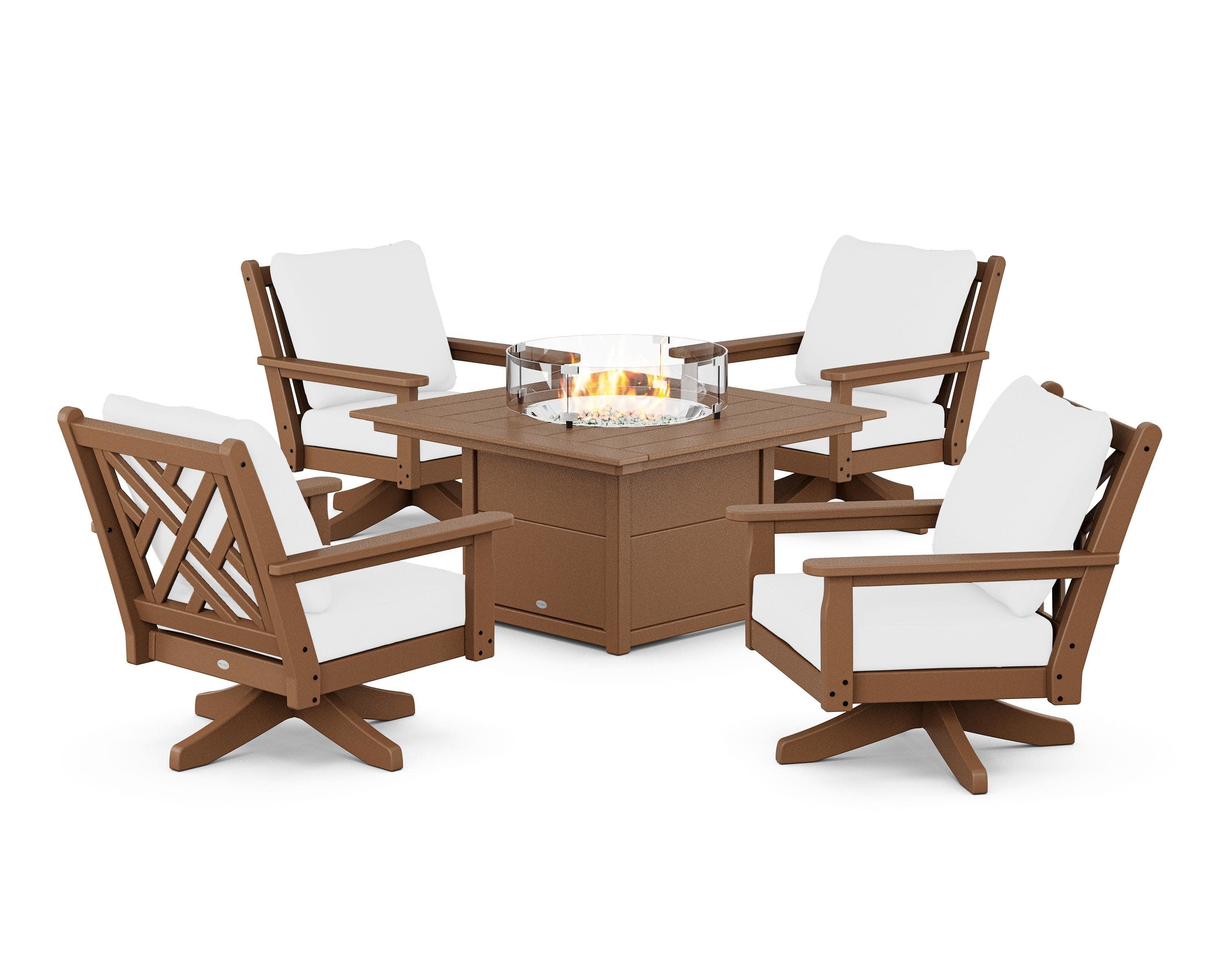 Chippendale 5-Piece Deep Seating Swivel Conversation Set with Fire Pit Table in Teak / Natural