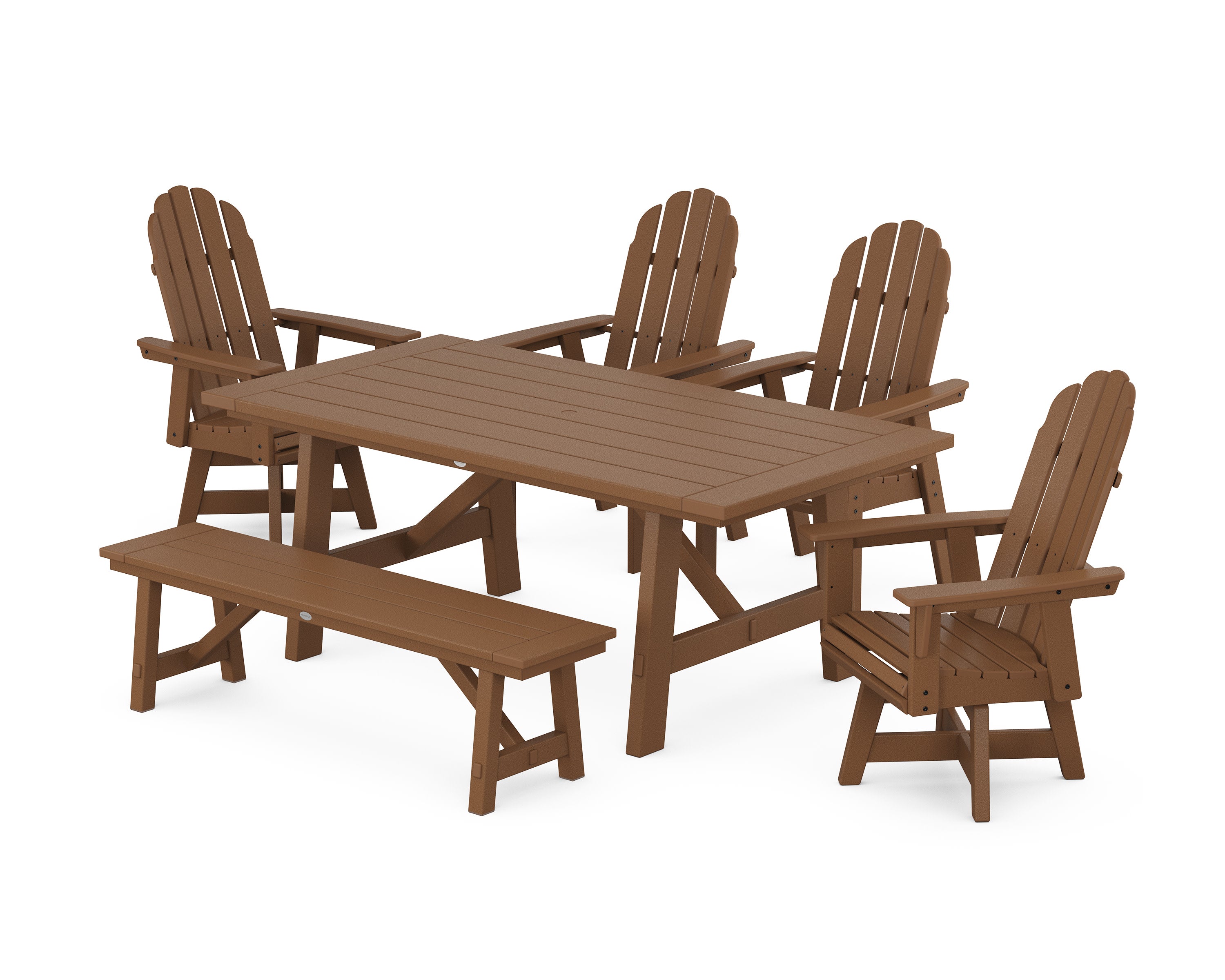 Vineyard Curveback Adirondack Swivel Chair 6-Piece Rustic Farmhouse Dining Set With Bench in Teak