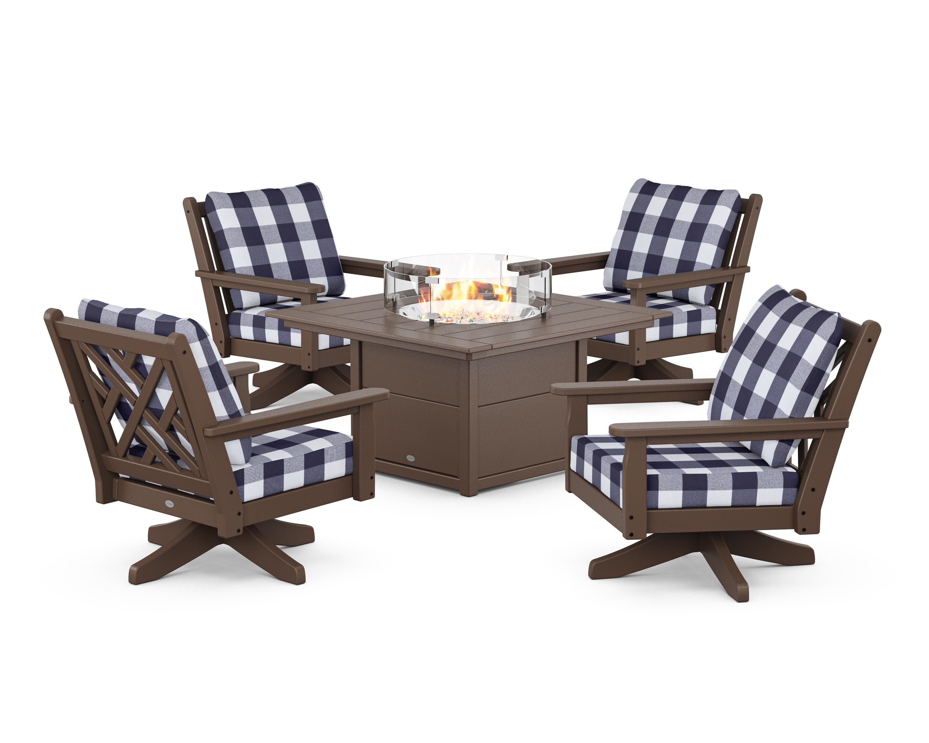 Chippendale 5-Piece Deep Seating Swivel Conversation Set with Fire Pit Table in Mahogany / Buffalo Plaid Navy