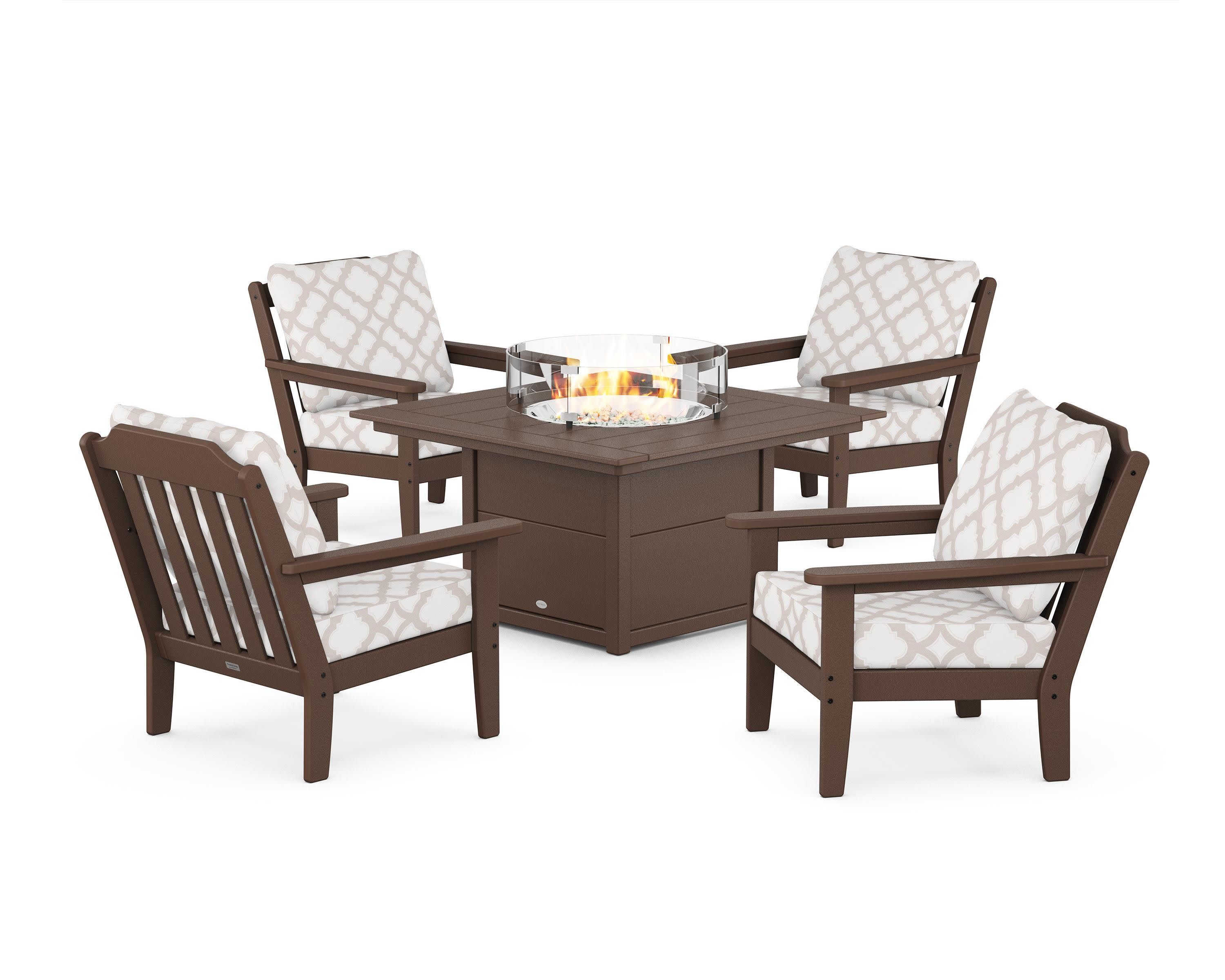 Cottage 5-Piece Deep Seating Set with Fire Pit Table in Mahogany / Trellis Dune Burlap