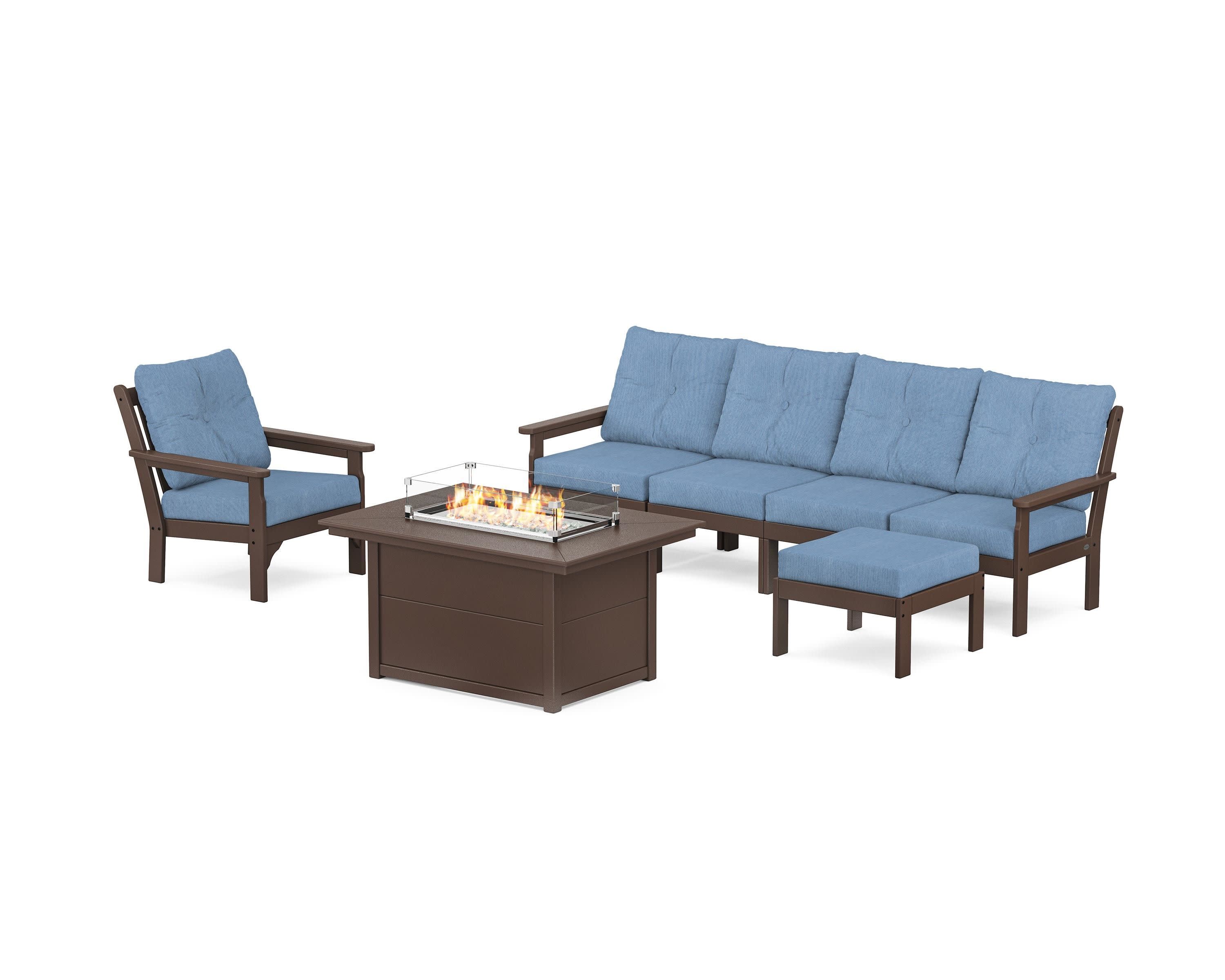 Vineyard Sectional Lounge and Fire Pit Set in Mahogany / Sky Blue