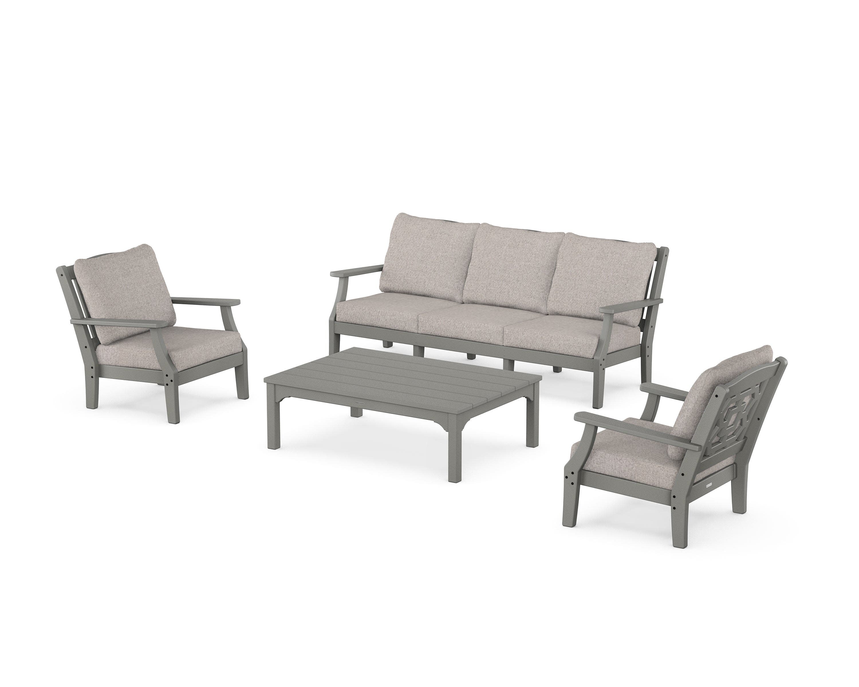Chinoiserie 4-Piece Deep Seating Set with Sofa in Slate Grey / Weathered Tweed