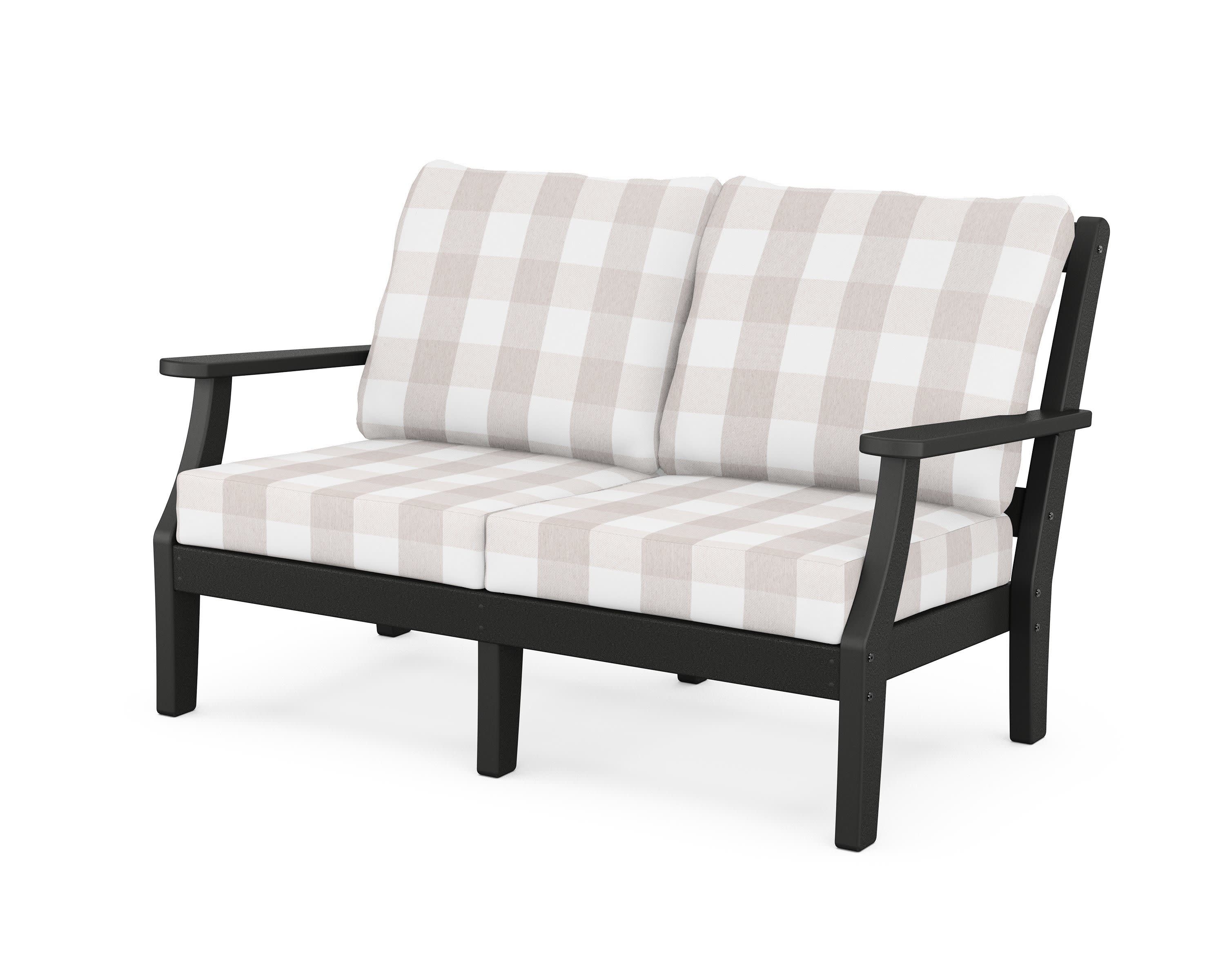 Chinoiserie Deep Seating Loveseat in Black / Buffalo Plaid Dune Burlap